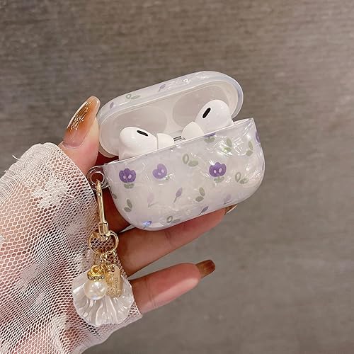Miniatura 4 de Linda funda para Airpod Pro 2 con diseño de flor y perla llavero floral de mármol duro TPU funda protectora compatible con AirPods Pro de 2