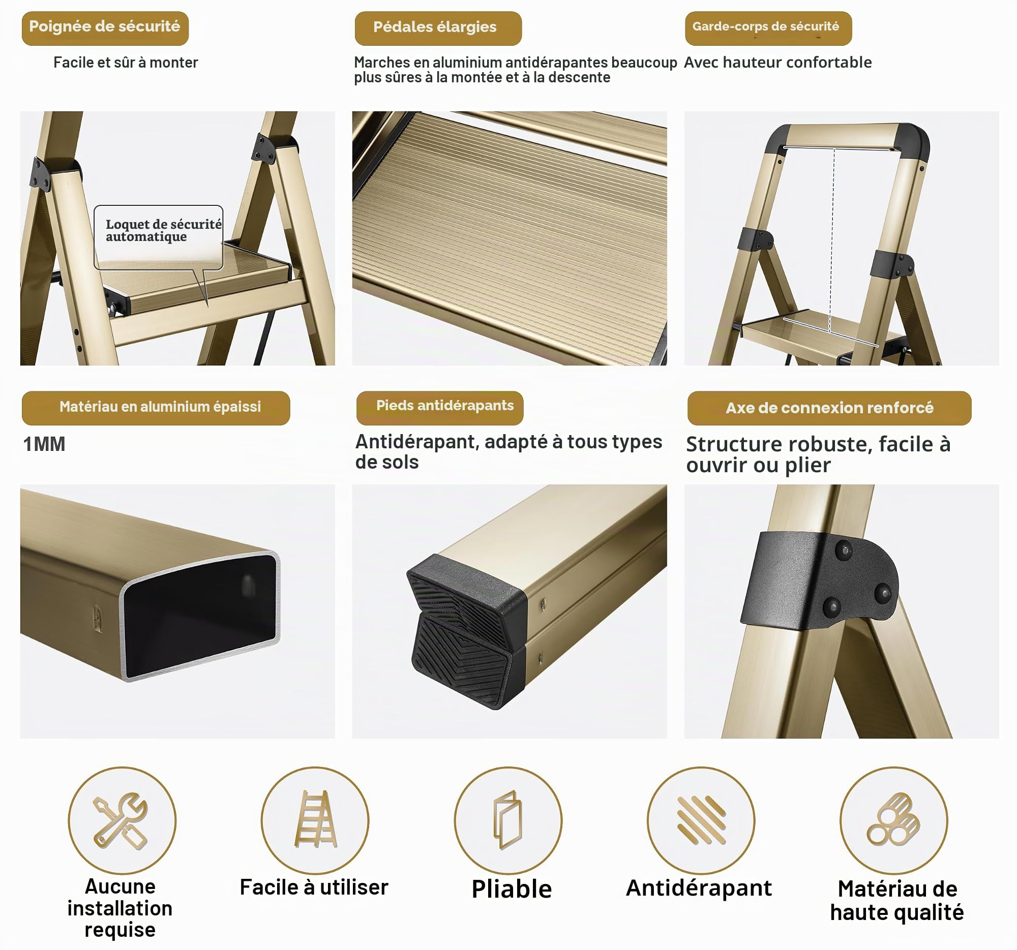 Escabeau Pliable à 3 marches en Aluminium, Finition Or Champagne, antidérapant, Portable, Robuste pour la Maison et la Cuisine, Le Bureau, 150 kg