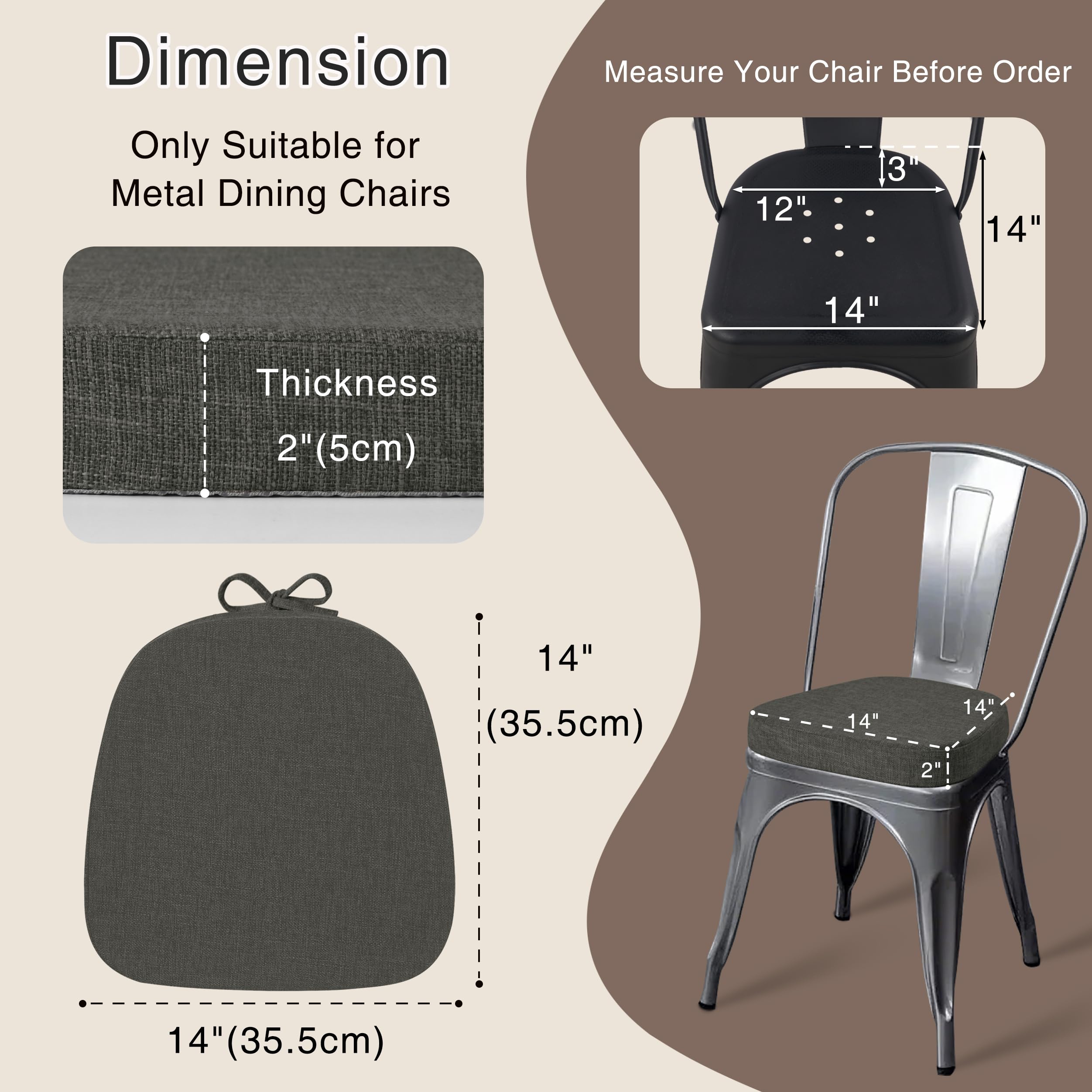 OVOV Juego de 4 cojines para sillas de 14x14 para sillas de comedor de metal con textura gruesa y antideslizantes para sillas de comedor con lazos y funda extraíble (35.5x35.5x5cm/14x14x2pulgadas