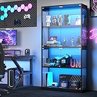 KNOWORLD 63" Black Curio Cabinet with Human Sensor RGB LED Lights, 4-Tier Glass Display Case for Collectibles, Action Figures