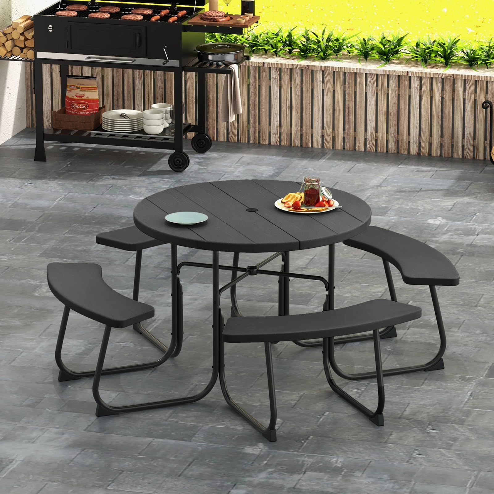 KOMFOTTEU Set di Tavolo da Picnic Rotondo per 8 Persone, Set di Sedie e Tavolo con Foro per Ombrellone, Mobili da Giardino con 4 Panche, in HDPE e Metallo, φ190 x 76 cm (Nero)