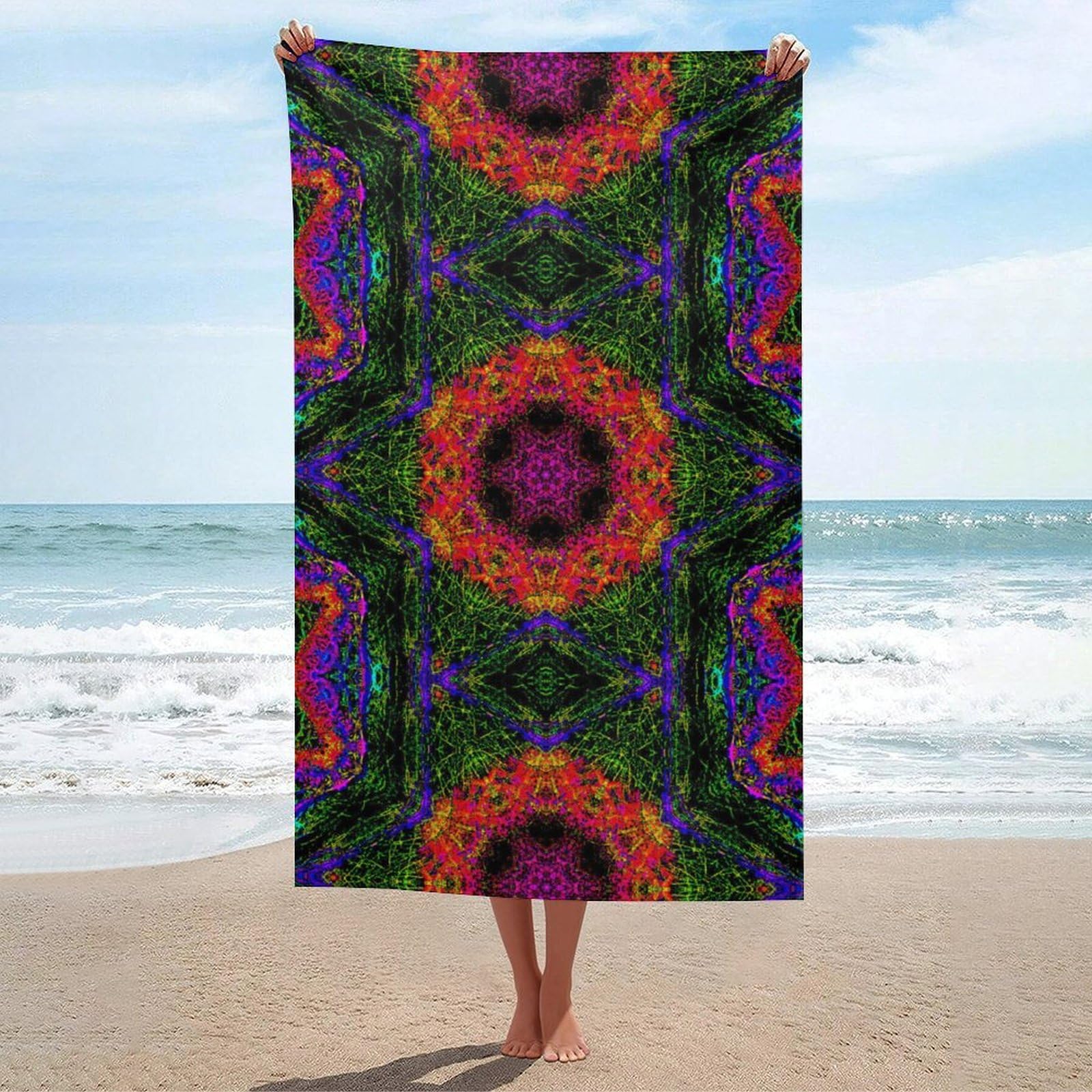 LEDFCVSU Beach Towel, Psychedelic Kaleidoscope Bath Towel, Absorbent Towel for Swimming, Sports, Travel
