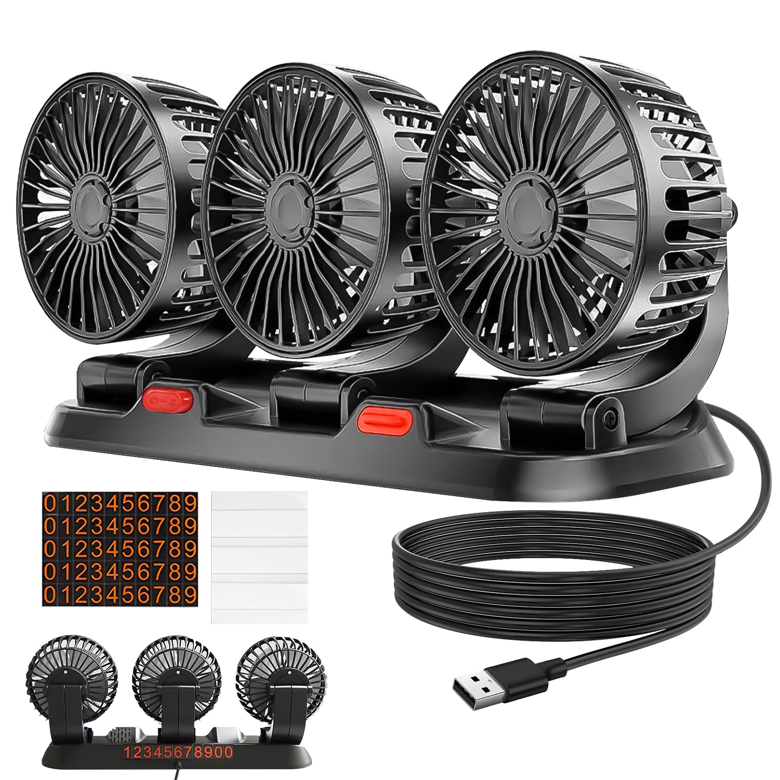 Ventilateur de voiture 12 V/24 V - 3 têtes - Pour siège arrière - Rotation à 360 ° - Avec 2 vitesses - Pour camion, camionnette, SUV, camping-car, bateau