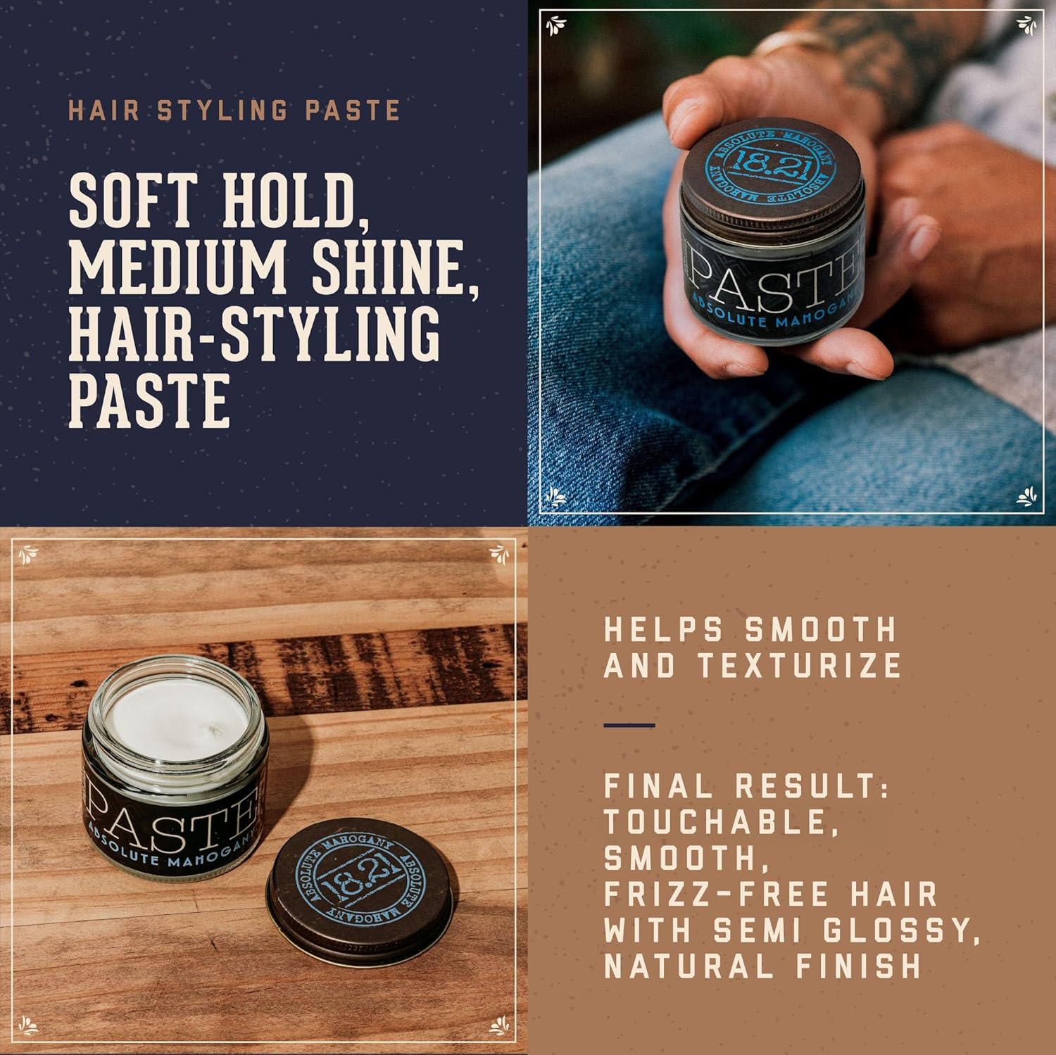 18.21 Man Made Hair Styling Product, 2oz. Absolute Mahogany Scent in Paste with Natural Shine Finish