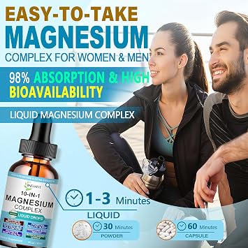 High Absorption Magnesium Complex Drops | 10-in-1 Liquid Magnesium Complex for Women & Men with Glycinate,Citrate,Taurate | for Stress Relief,Sleep,Heart Health | Vegan,Non-GMO,Fast-Acting Formula