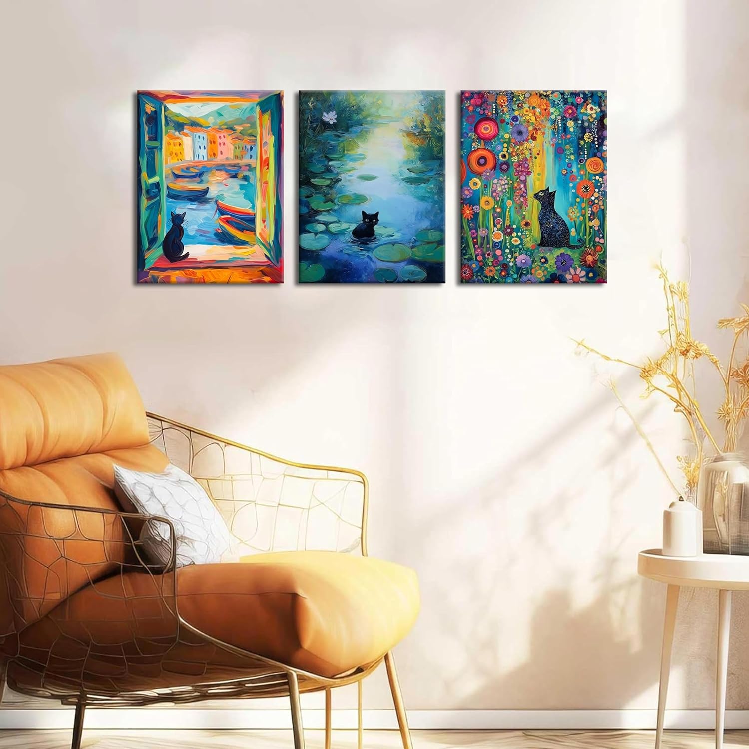 MUWAK Framed Funny Monet Black Cat Canvas Wall Art – Whimsical Matisse Cat Artwork Prints Wall Decor, Cute Animal Aesthetic Garden Pictures for Living Room Bedroom Kids' Room – 12x16in