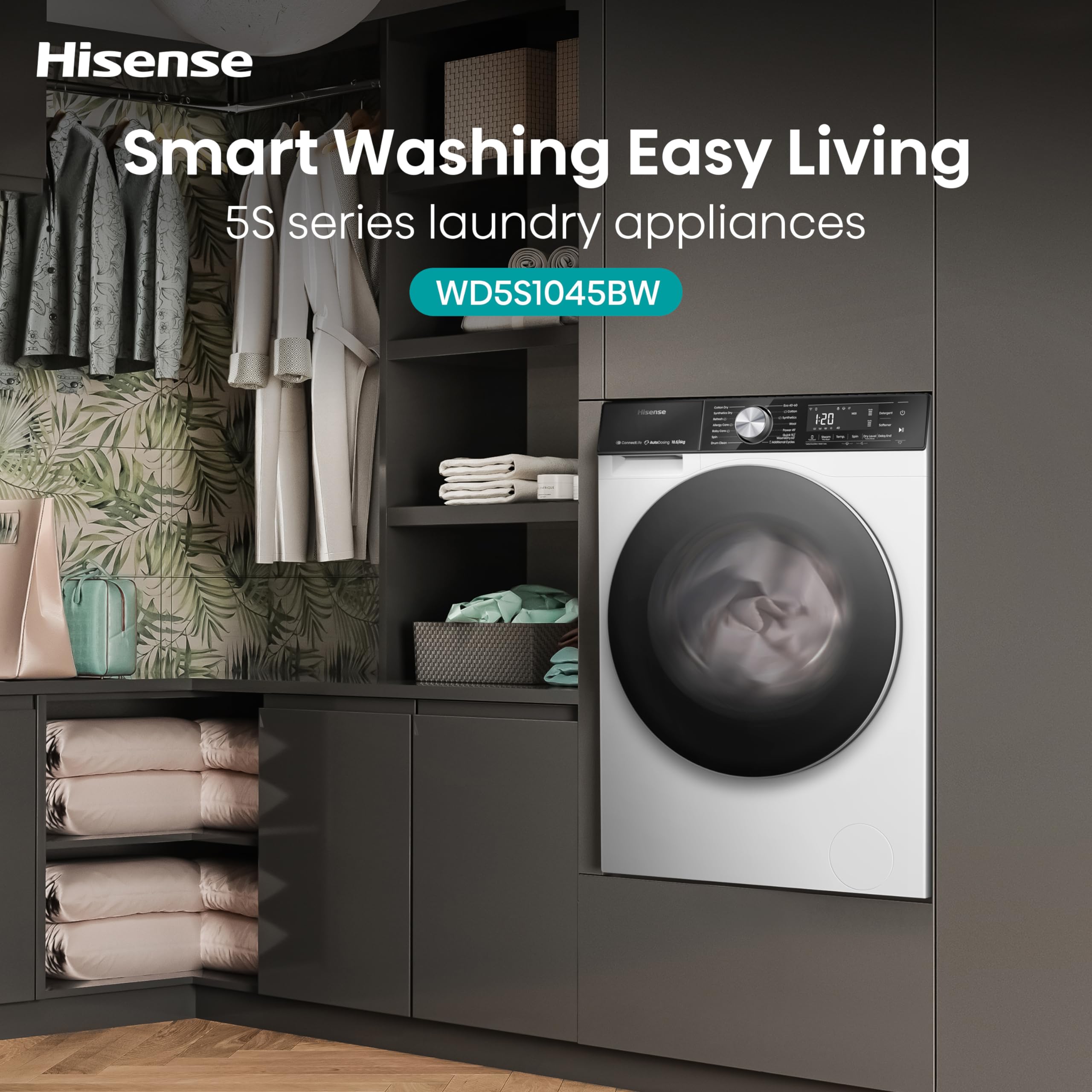 Hisense WD5S1045BW - Lavadora Secadora 2 en 1 con Vapor, Carga Frontal 10,5 Kg Lavado, 6 Kg de Secado, 1400 rpm, Motor Eficiente Inverter, Sistema Antibalanceo, Puerta XL, Serie 5S, Display LED