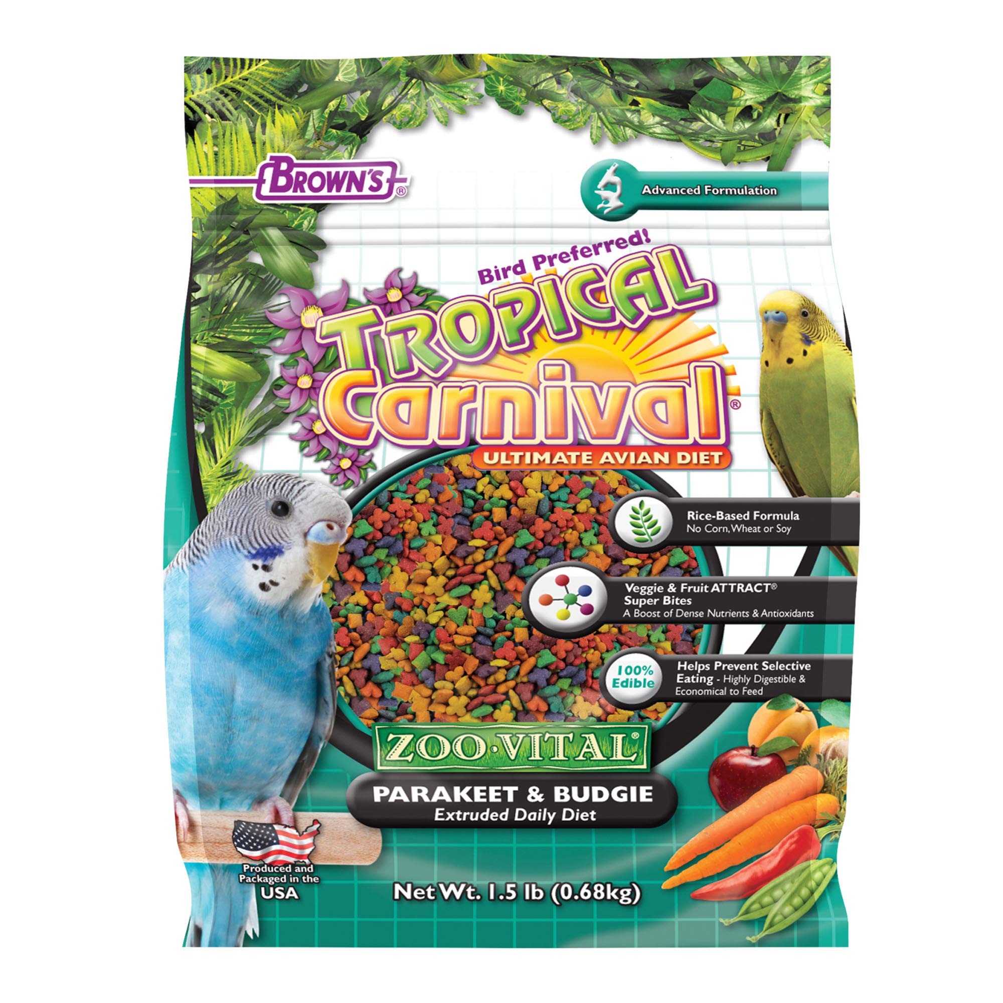 F.M. Brown's Tropical Carnival Zoo-Vital Parakeet and Budgie Pellet Diet with Probiotics - 1.5lb