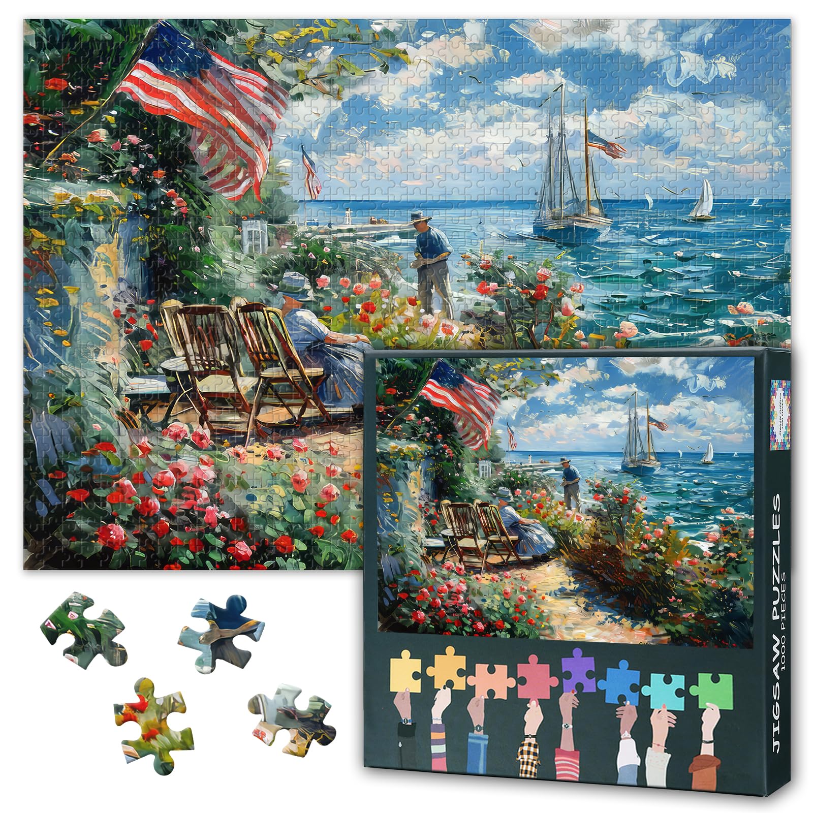 American Flag Puzzles for Adults 1000 Pieces, Couple Sitting on the Terrace by the Sea Jigsaw Puzzles, Adult Puzzle for Adults, Educational Fun Games or Toys for Elders Friends 20X27 INCH โ image 1