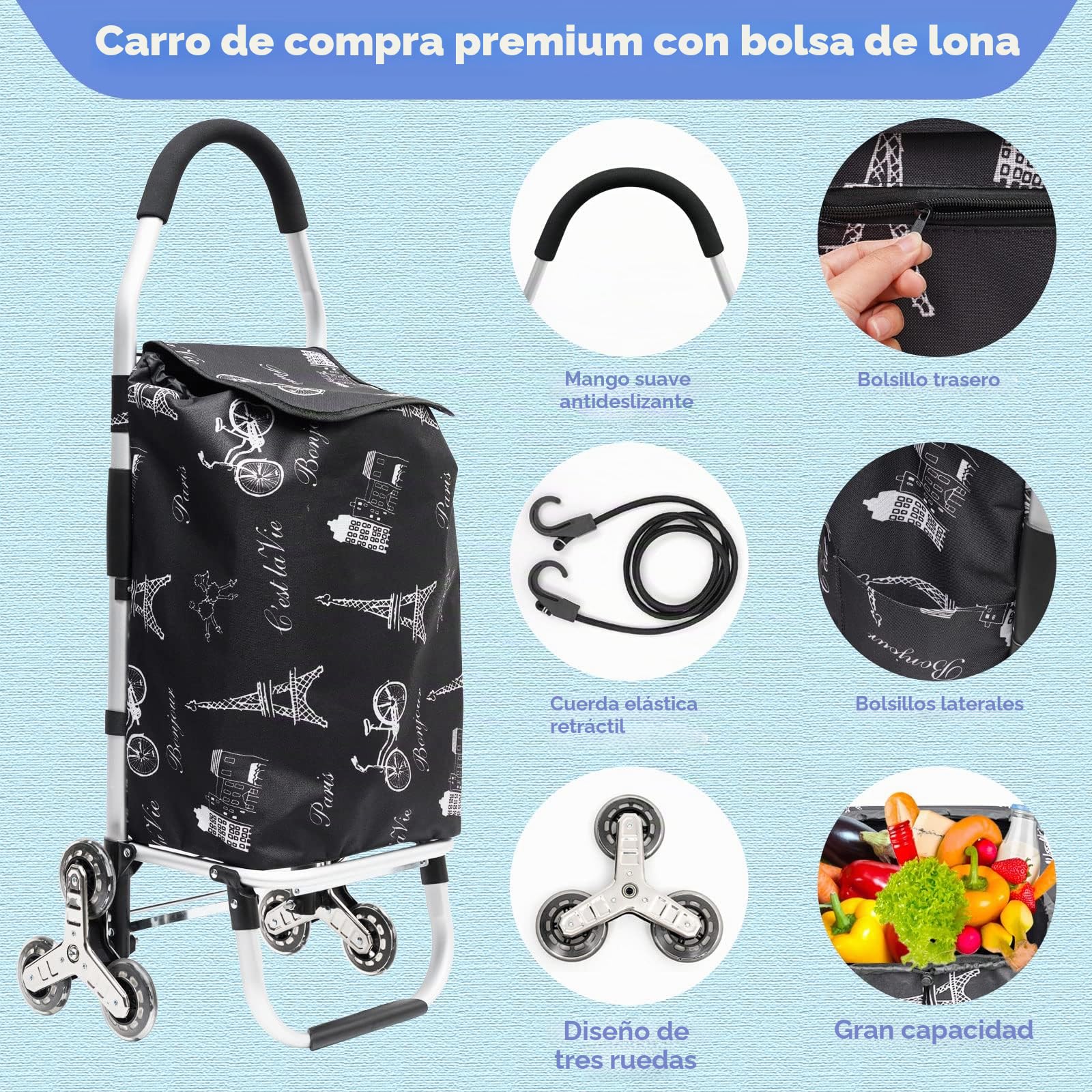 Carrito de la compra con resistente marco de aluminio y bolsa de lona impermeable extraíble – El compañero ideal para compras cómodas y prácticas