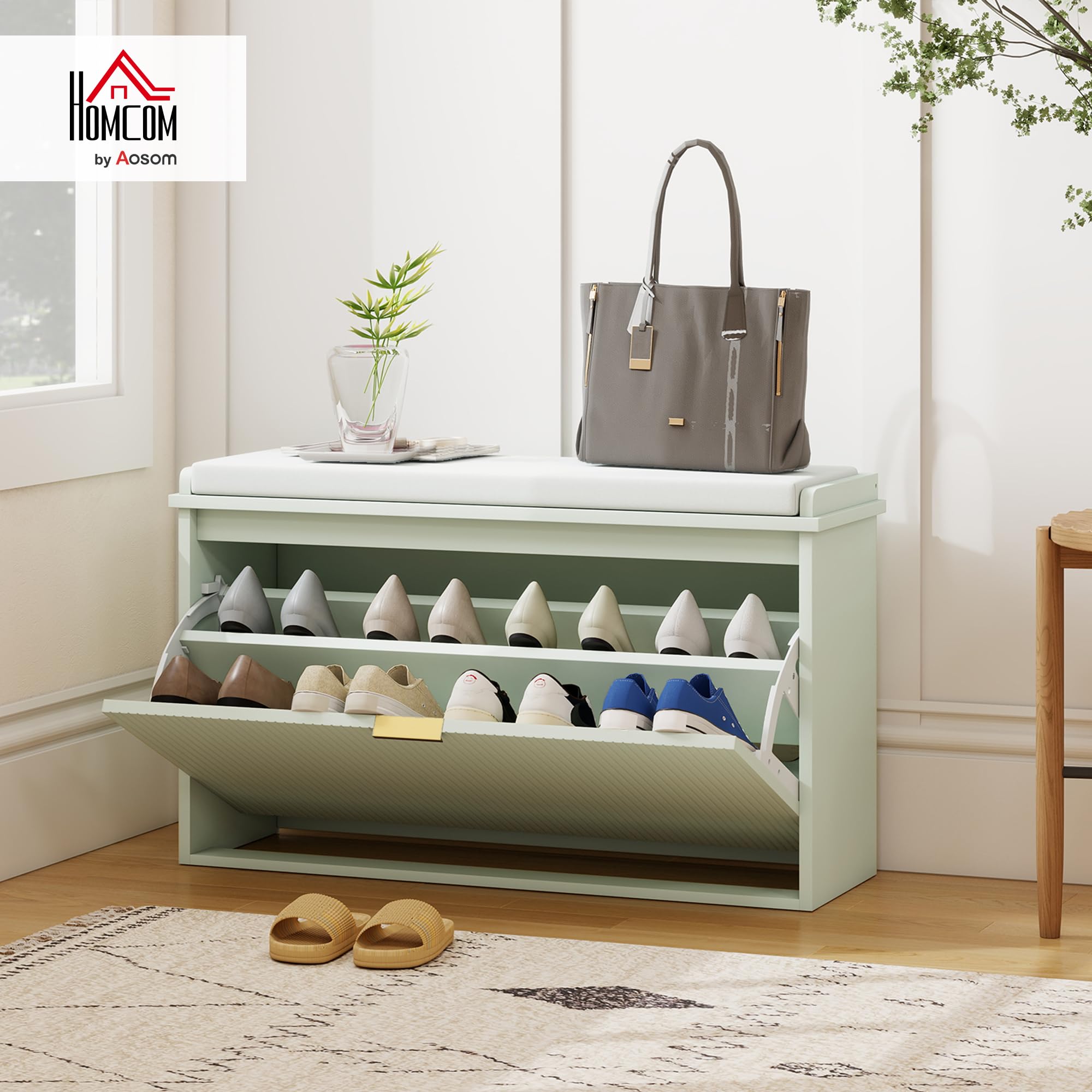 HOMCOM Banco Zapatero Estrecho con Asiento 80x26x47,5cm Verde Claro | Banco Recibidor, Asiento Acolchado, Cajón Abatible, Estante Ajustable, para 8 Pares de Zapatos, para Entrada, Dormitorio