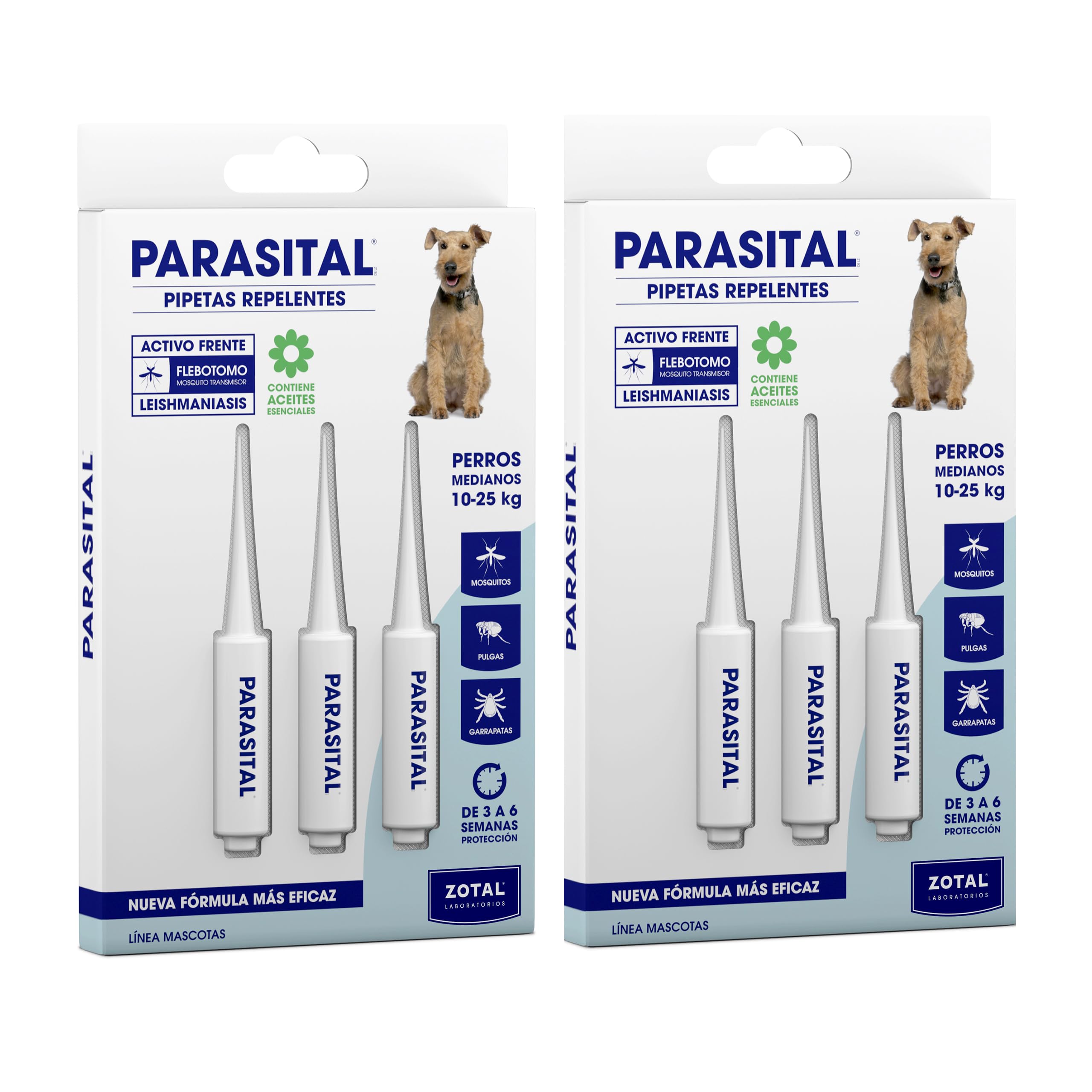 Zotal Parasital - Pack 2 Blíster de 3 Pipetas (6 en Total) Antiparasitarias para Perros Medianos (10-25 kg) - Protección contra Pulgas, Garrapatas y Mosquitos - Repelente Natural-hasta 6 Semanas