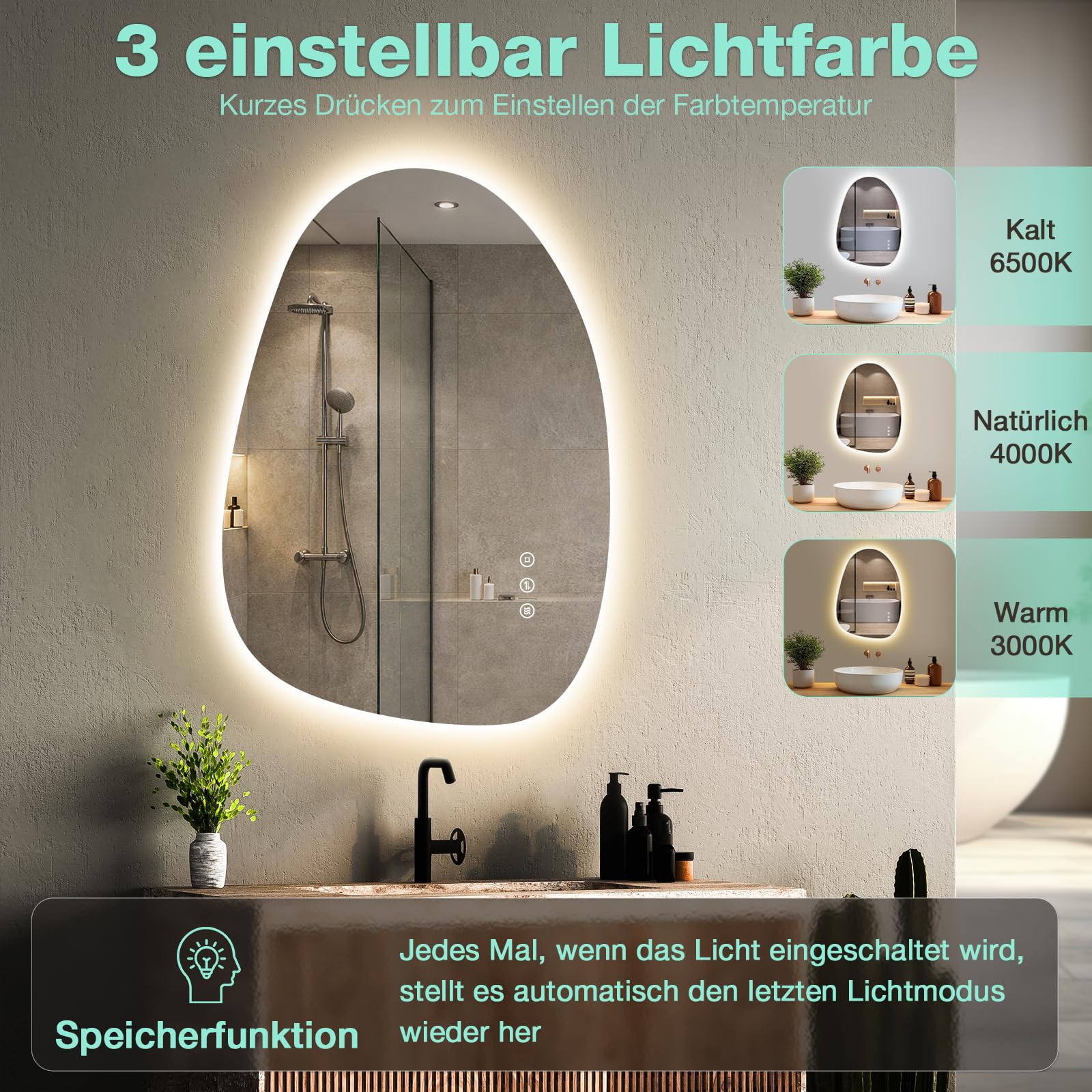 Badezimmer Spiegel mit Beleuchtung 83 × 60 cm, 3 Lichtfarben, Dimmbar, Antibeschlag, Asymmetrischer Spiegel mit Beleuchtung, Touch-Schalter, Memory-Funktion Horizontal/Vertikal