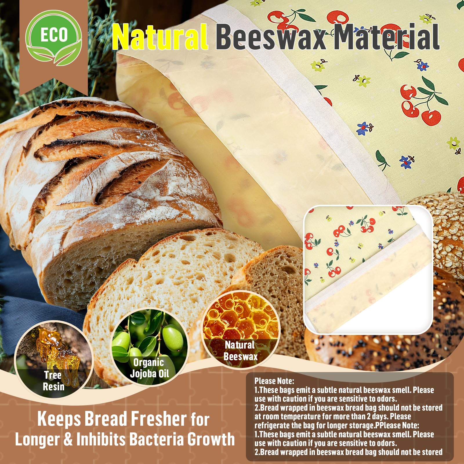 2 Pcs Sacs a Pain Tissu Réutilisables en Polyester avec Doublure en Cire d'abeille Sac à Pain pour Conserver le Pains Beeswax Bread Bag Conservation Croissant Baguette Fruits Légumes-43*30cm(Cerises)