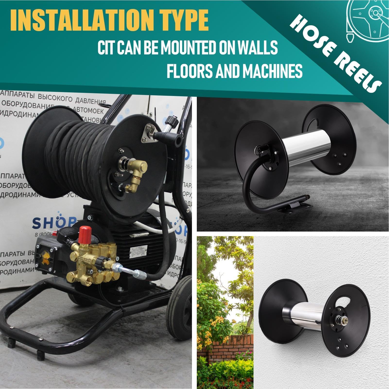 High Pressure Hose Reel - Air Compressor 100ft Hose Reel with 3ft Jumper Hose Manual crankshaft Hose Reel, Manual crankshaft Power Washer Hose Reel with Swivel Arm, 3/8
