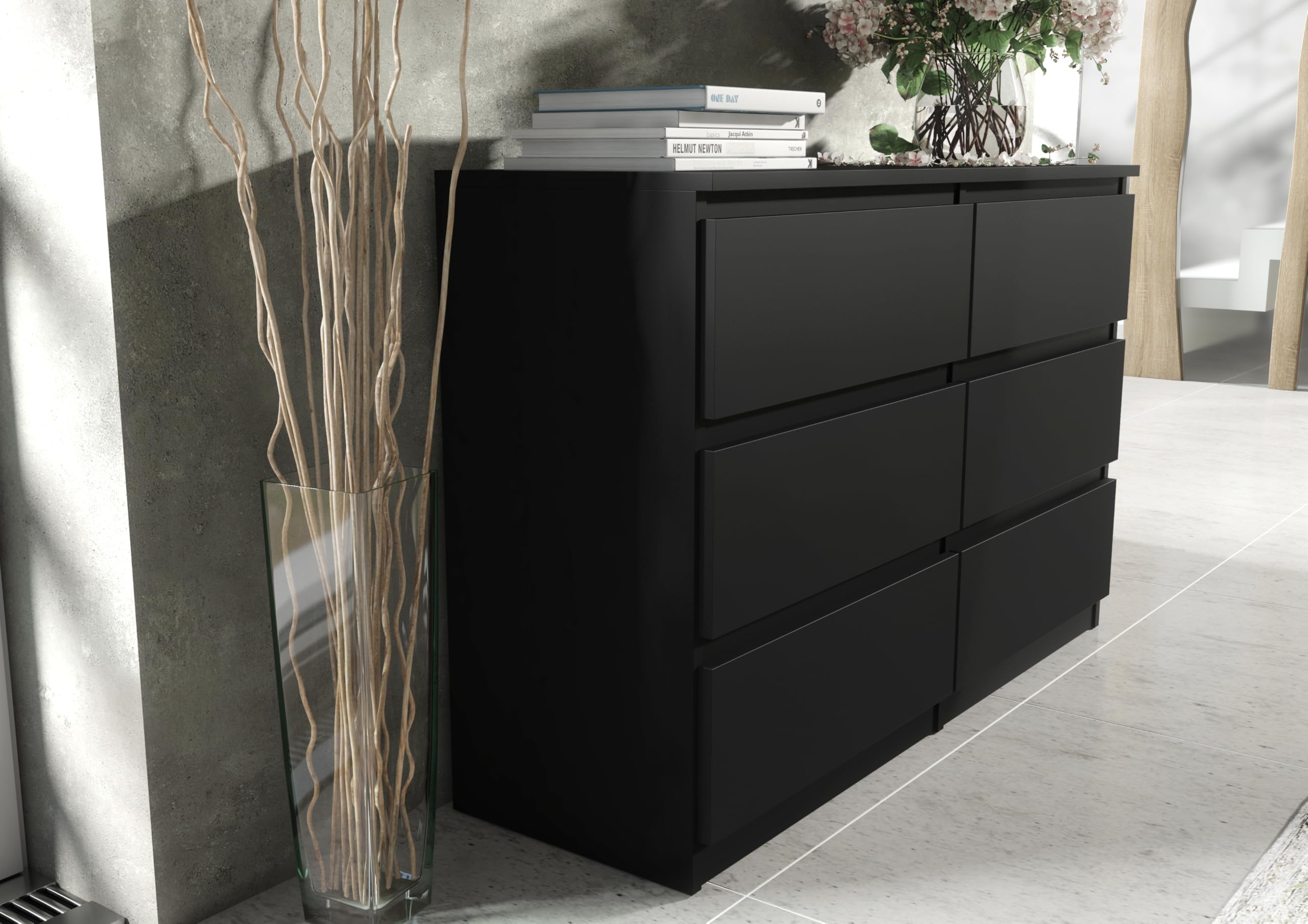 meble masztalerz Commode Chambre avec 6 Tiroirs - Meuble de Rangement pour Salon et Entrée Couloir - Spacieuse et Design - Noir - 120x39x78,5cm