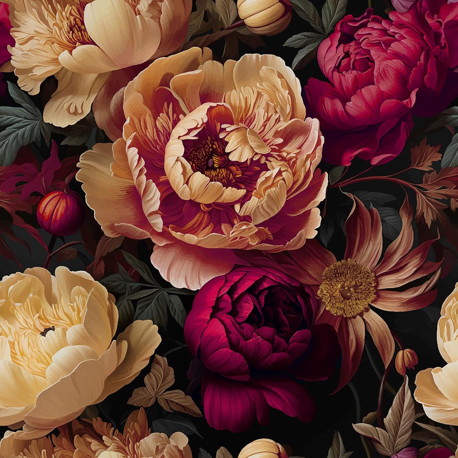 CRE8TIVE Vintage Peonies Floral Wallpaper Stick and Peel Dark Flower Wallpaper for Bedroom Girls Room 12"x118" Removable Stick on Wall Paper Mural Self Adhesive Floral Contact Paper for Cabinets Walls