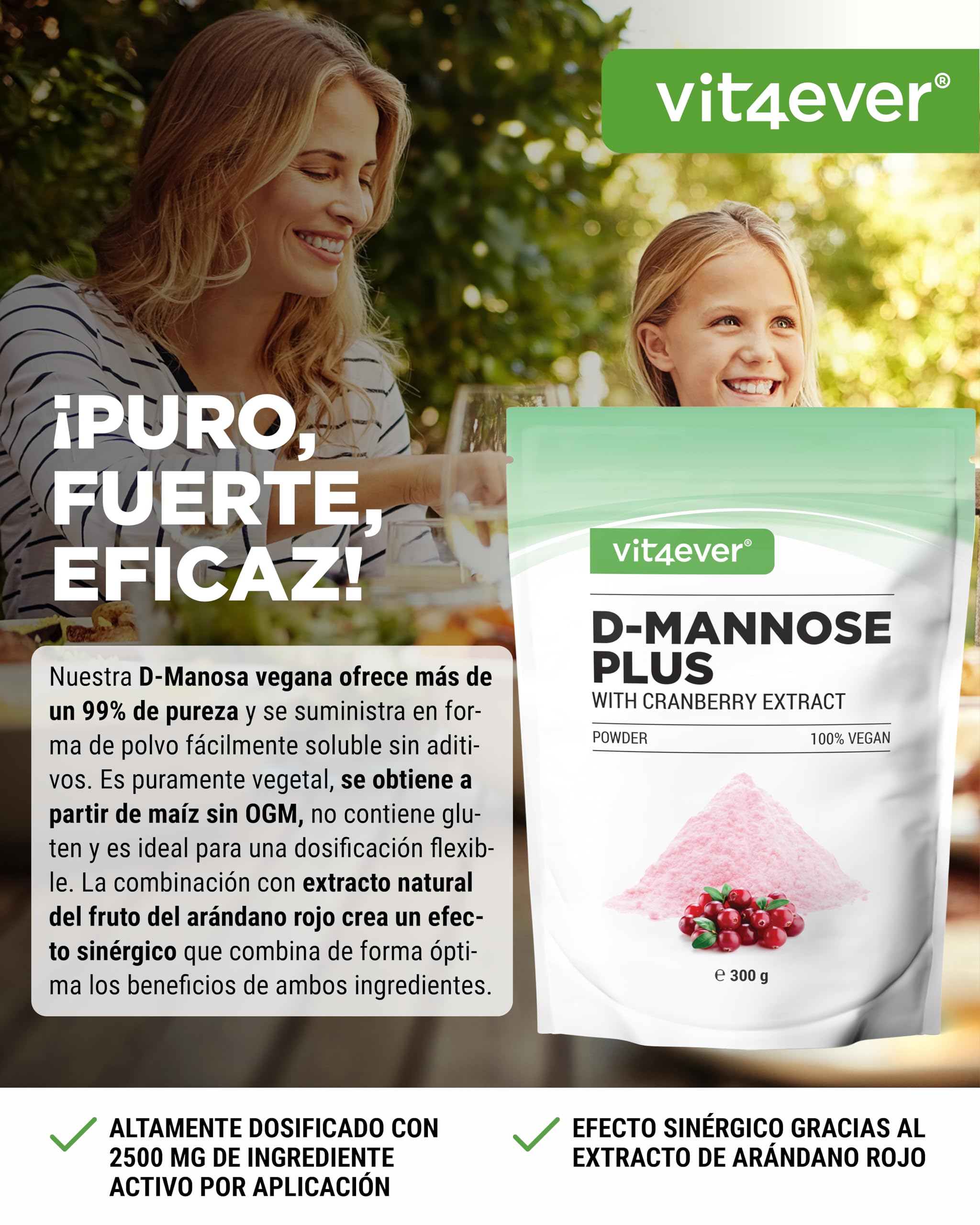 vit4ever D-Manosa en Polvo con Extracto de Arándano Rojo (Cranberry) - Alta Dosis con 2000 mg de D-Manosa y 500 mg de Arándano Rojo - 300 g de Polvo - 120 Aplicaciones - Vegano