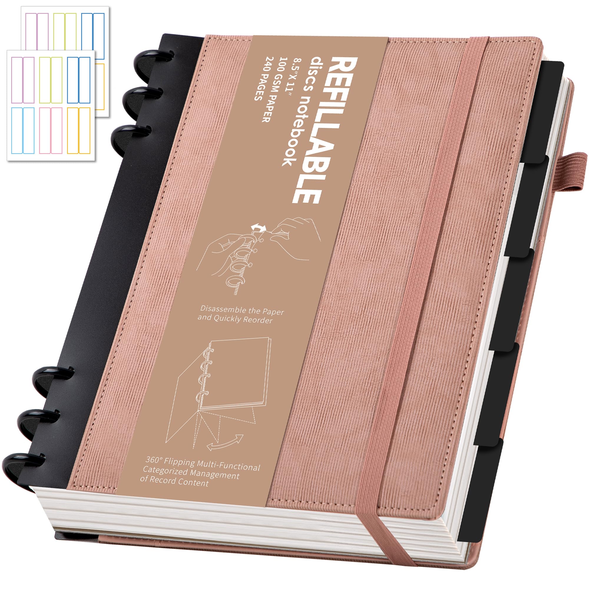 Yoment Refillable Notebooks for Work 5 Subject with Removable Dividers Tabs 240 Pages Hardcover Leather Journals for Writing Large Discbound Planner