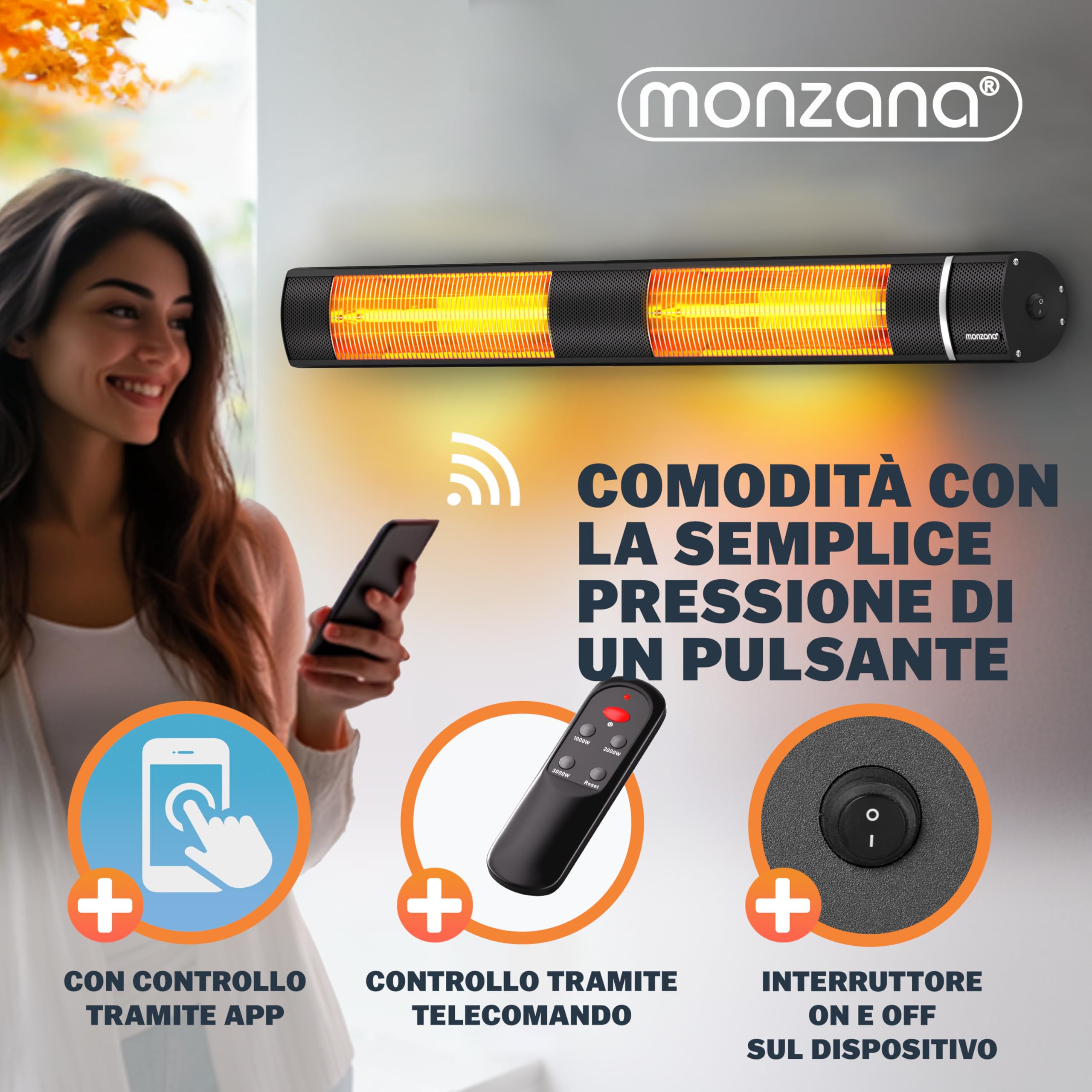 MONZANA® Stufa Elettrica a Infrarossi 3 Livelli di Calore 3000W Inclinabile 90° Telecomando App Riscaldamento Esterno