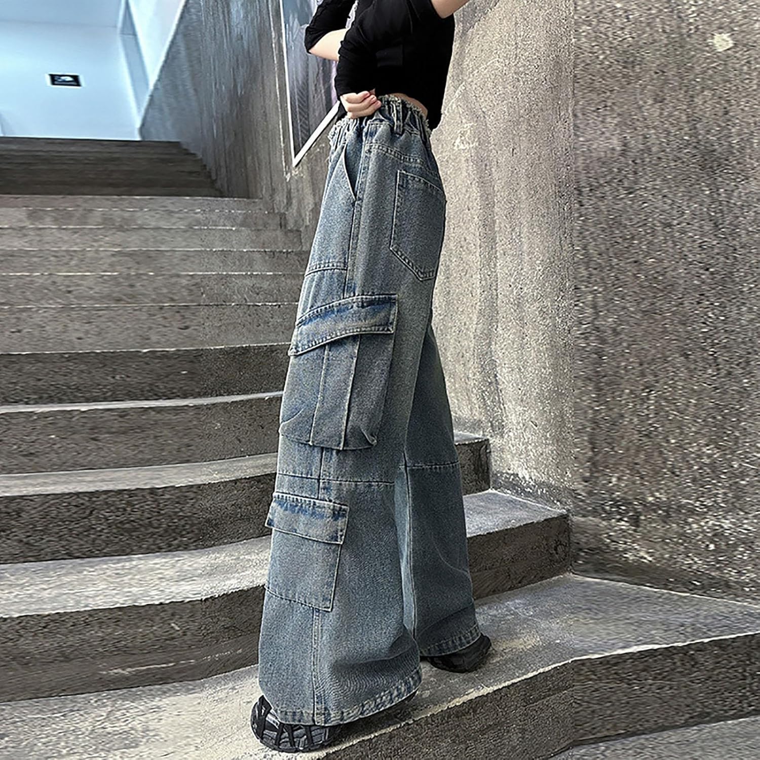 Teen Girls Baggy Wide Leg Jeans Kids Elastic High Waist Cargo Denim Pants Tween Casual Boot Cut Bottoms Y2k Streetwear