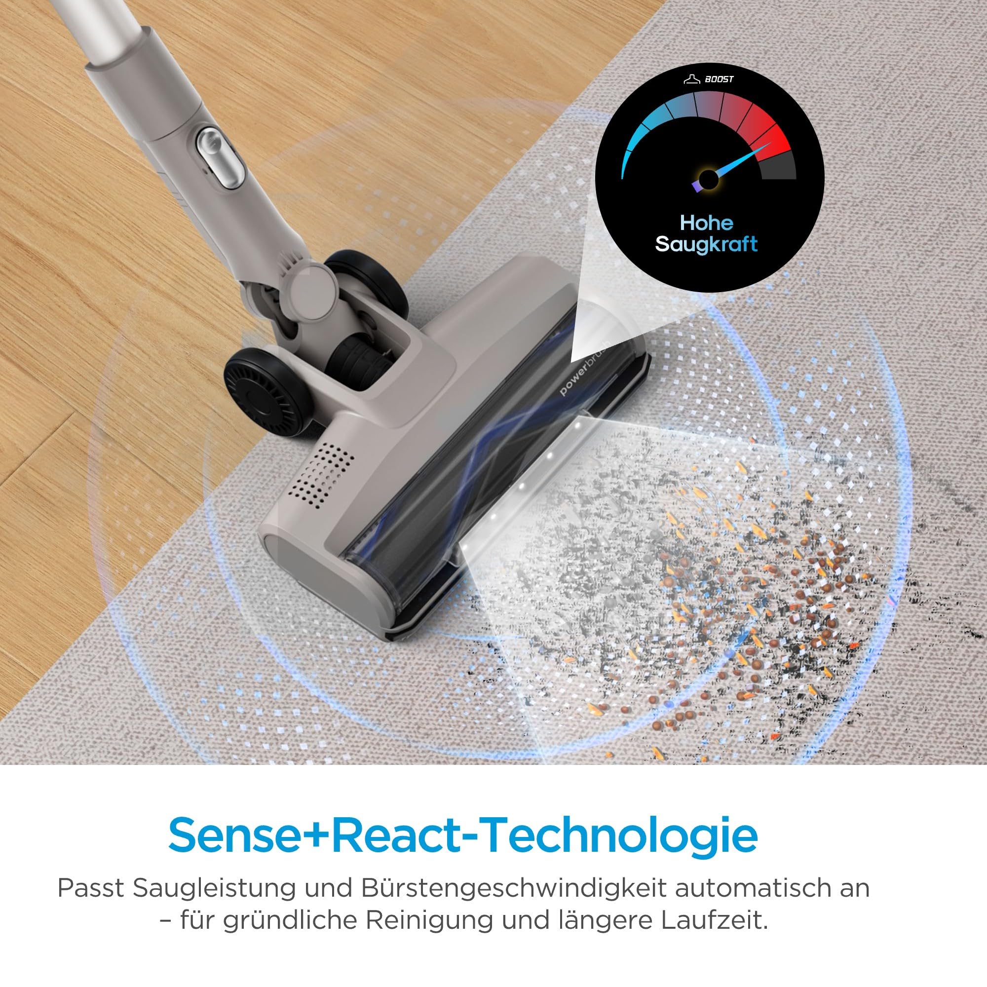 Midea P9 Akku Staubsauger, kabelloser Stielstaubsauger 550 W, bis zu 37 kPa, bis zu 60 Min. Laufzeit, Sense+React, HEPA-Filter, LED-Display, Flexibles Saugrohr, Handstaubsauger, Tierhaare