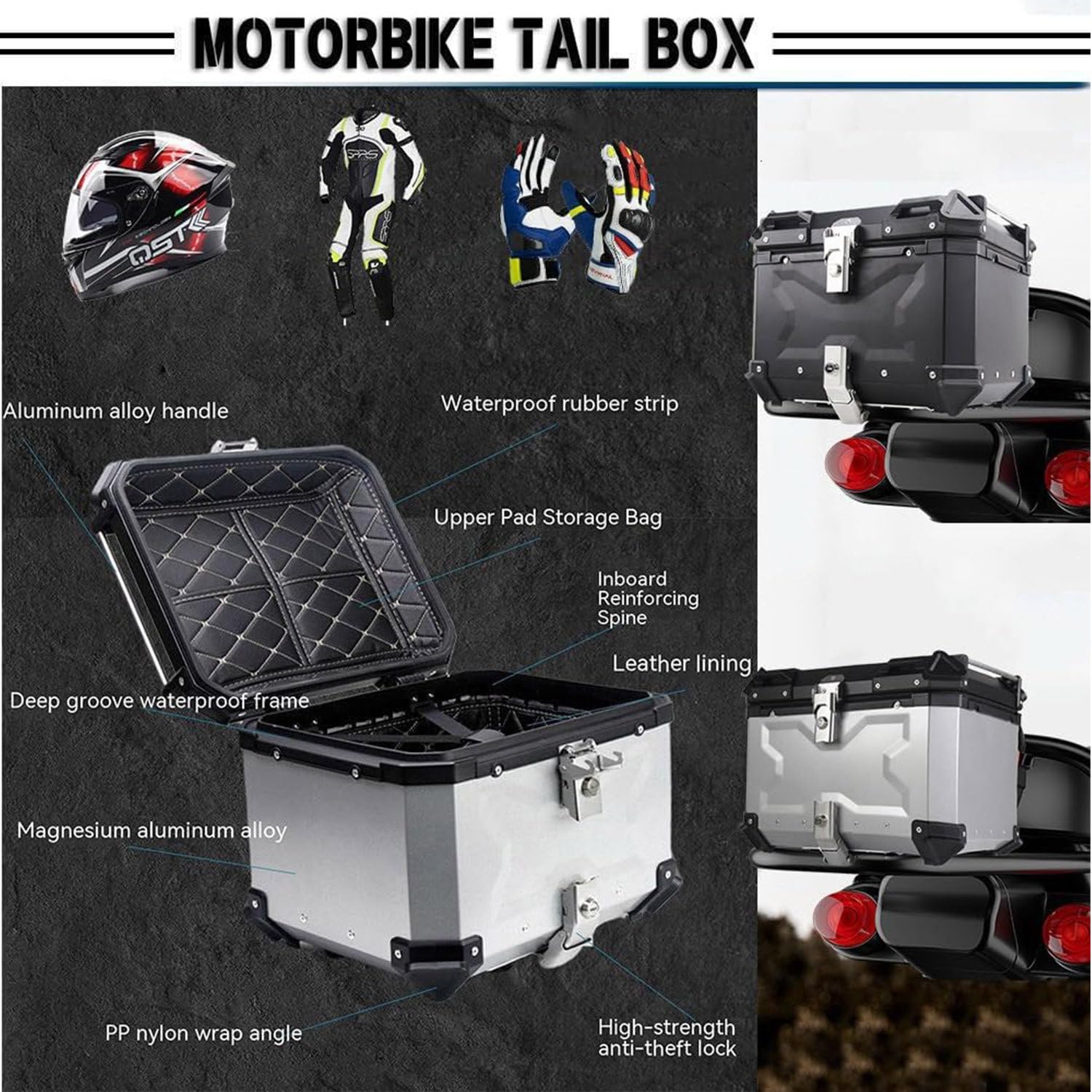 Bauletto impermeabile in alluminio per casco da moto, con blocco di sicurezza e piastra di base per moto