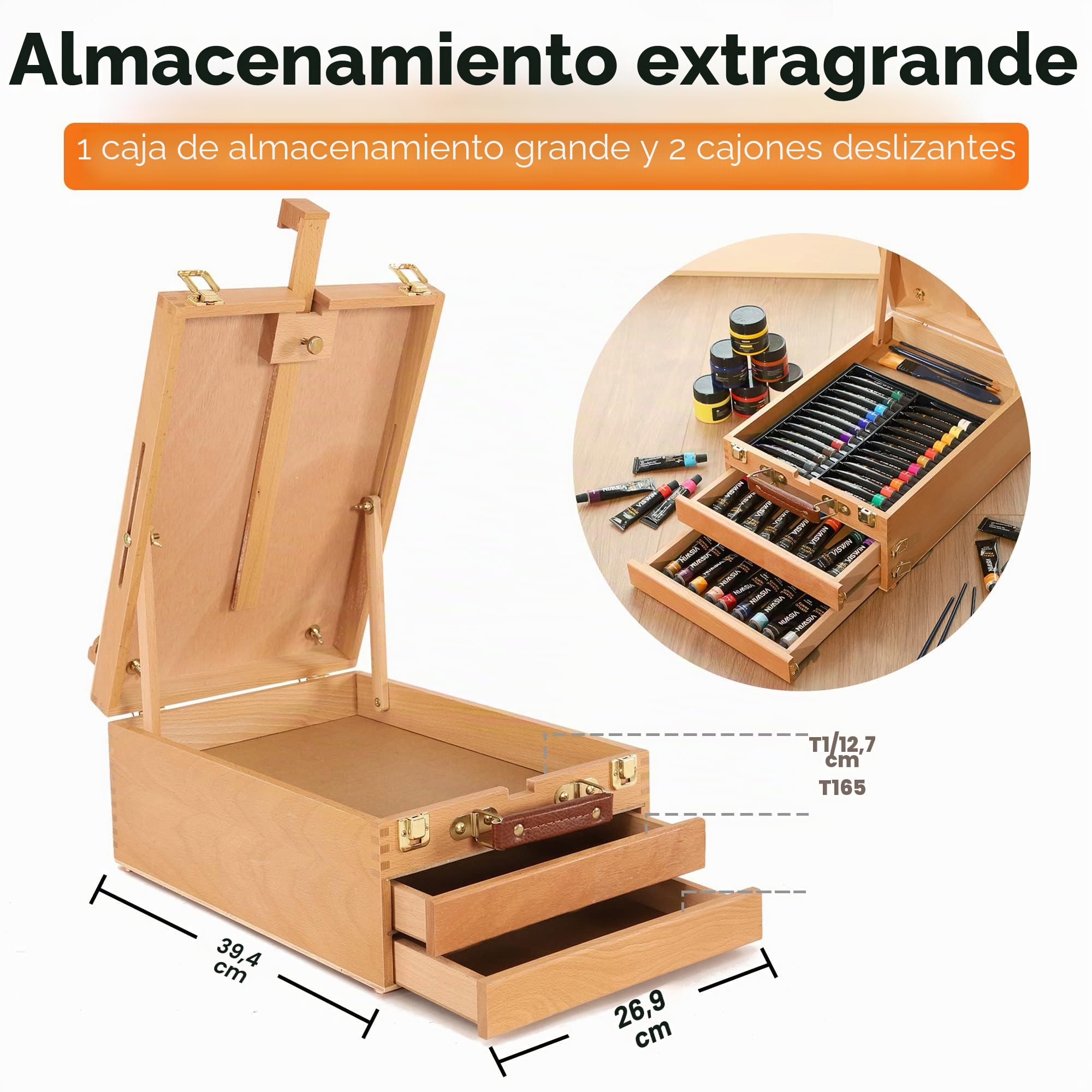 VISWIN Caballete de Mesa Grande con 3 Cajones, para Lienzos de Hasta 63,5 cm, Caballete de Madera de Haya Portátil para Pintar, Dibujar y Materiales de Arte, Adultos, Principiantes, Artistas