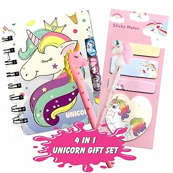 INDIKONB 4 in 1 Unicorn Gifts for Girls | Unicorn Theme Birthday gift for kids Age 6-8 years , 10-12 year old | Unicorn Diary , Sticky Notes , Pencil , Pen for Birthday and Return Gifts