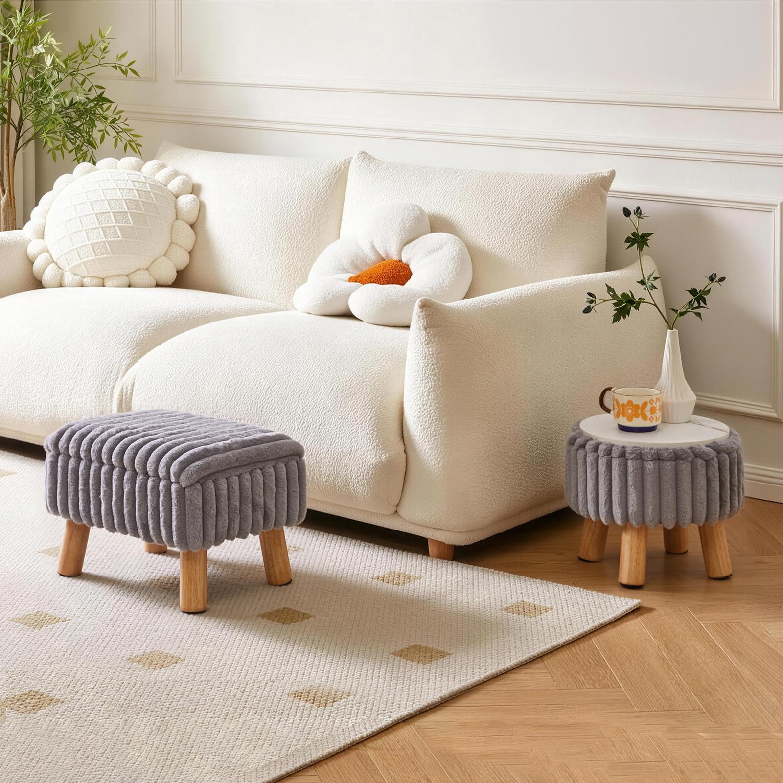 Aibiju Taburete Pequeño, Otomana de Terciopelo con Patas de Madera, Reposapiés Otomana, Asiento Adicional, Mesa Pequeña para Sala de Estar, Dormitorio, Recibidor, Gris YD-JD152G