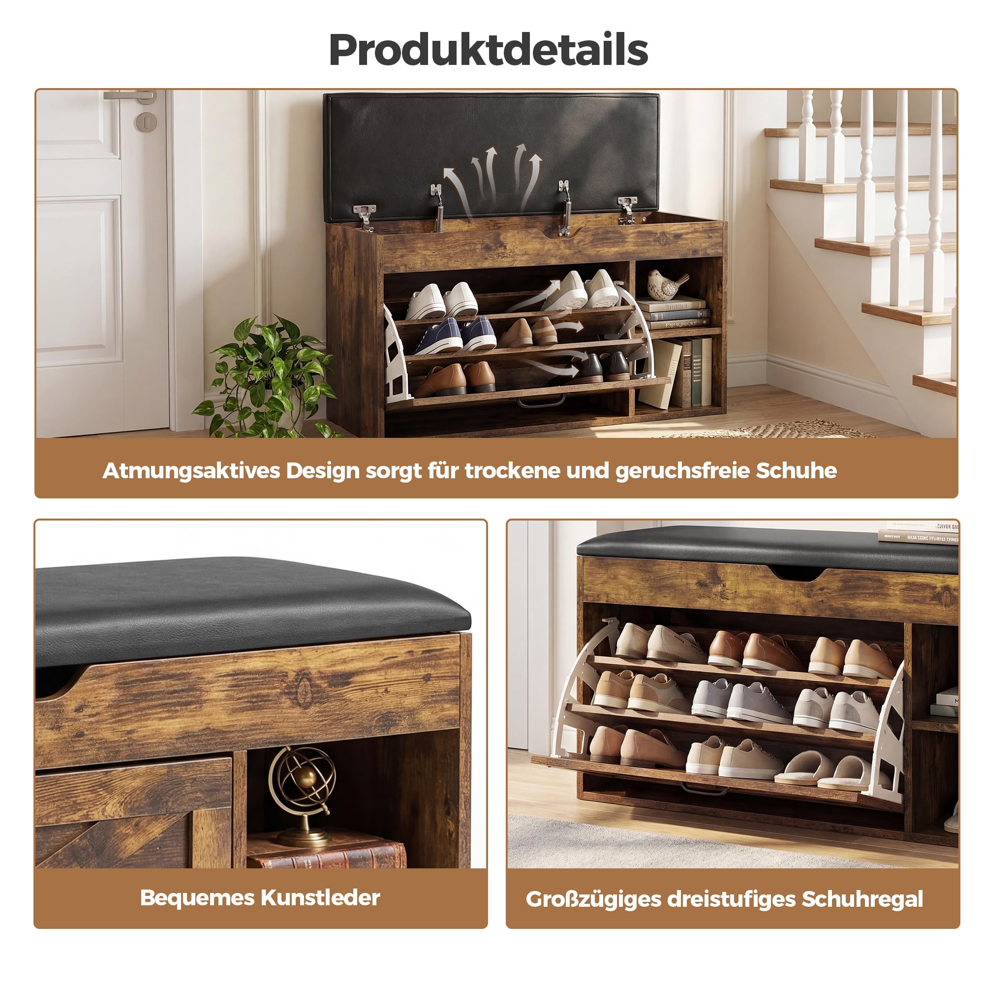 BonVache Schuhbank mit Sitzfläche, Sitzbank mit Stauraum, Schuhbank mit 3 Fächern, Fach unter Sitzkissen, verstellbare Regale, Schuhregal für Wohnzimmer, Flur, bis 150 kg belastbar, Vintagebraun
