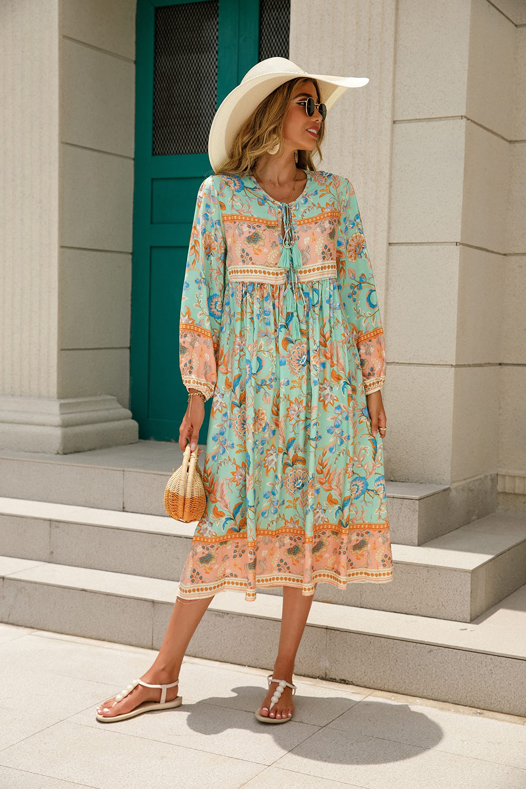 R.Vivimos Damen Beiläufig Bohemien Drucken Krawatte Langarm Strand Stil Lang Midi Urlaub Kleid