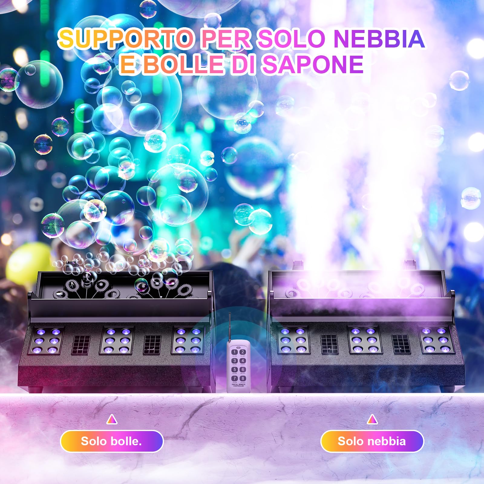 Macchina del Fumo Macchina per Bolle di Fumo A Doppia Ruota Macchina per Fumo di Bolle per Feste da 1500 W 18 LED RGB con 2 Ventole di Bolle per All'aperto Festa Matrimonio, 1 pezzo