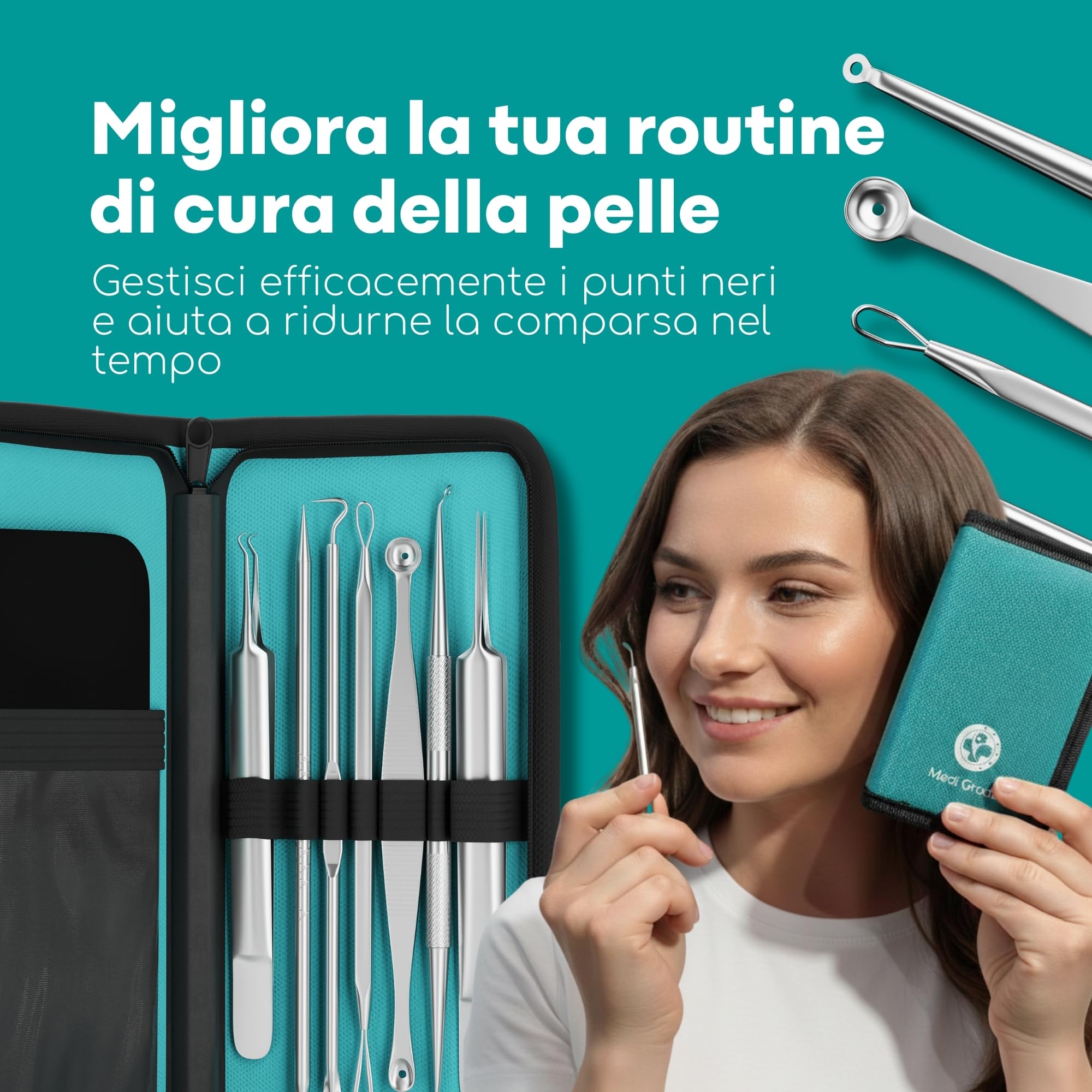 Medi Grade Kit Schiaccia Brufoli e Estrattore Punti Neri Medi Grade, Set di 7 Strumenti Togli Punti Neri