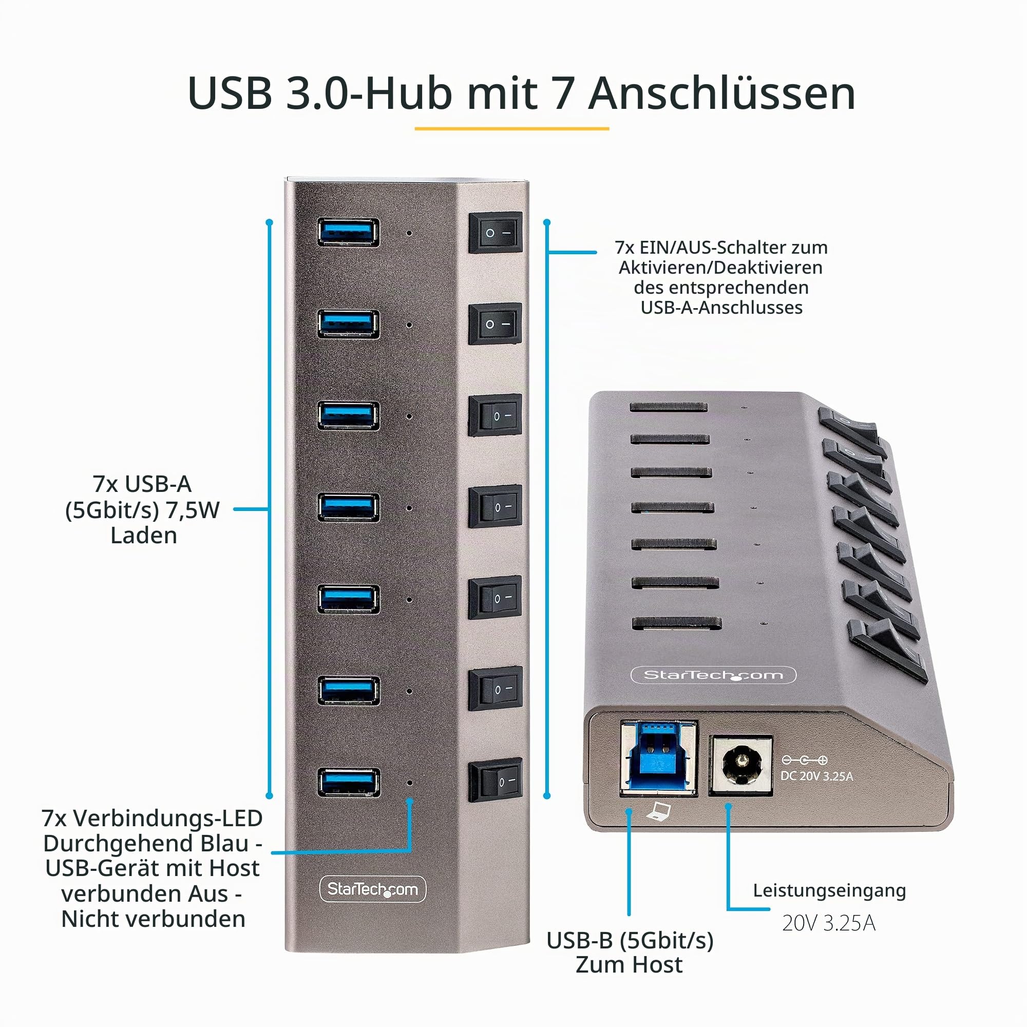 StarTech 7-Port USB-C Hub 5Gbps, Selbstbetrieben, EU (5G7AIBS-USB-HUB-EU) | Einzelschalter pro Port, USB 3.0, Mit Netzteil, USB-C auf USB-A Splitter, 65W, 1m Kabel, Für Desktop