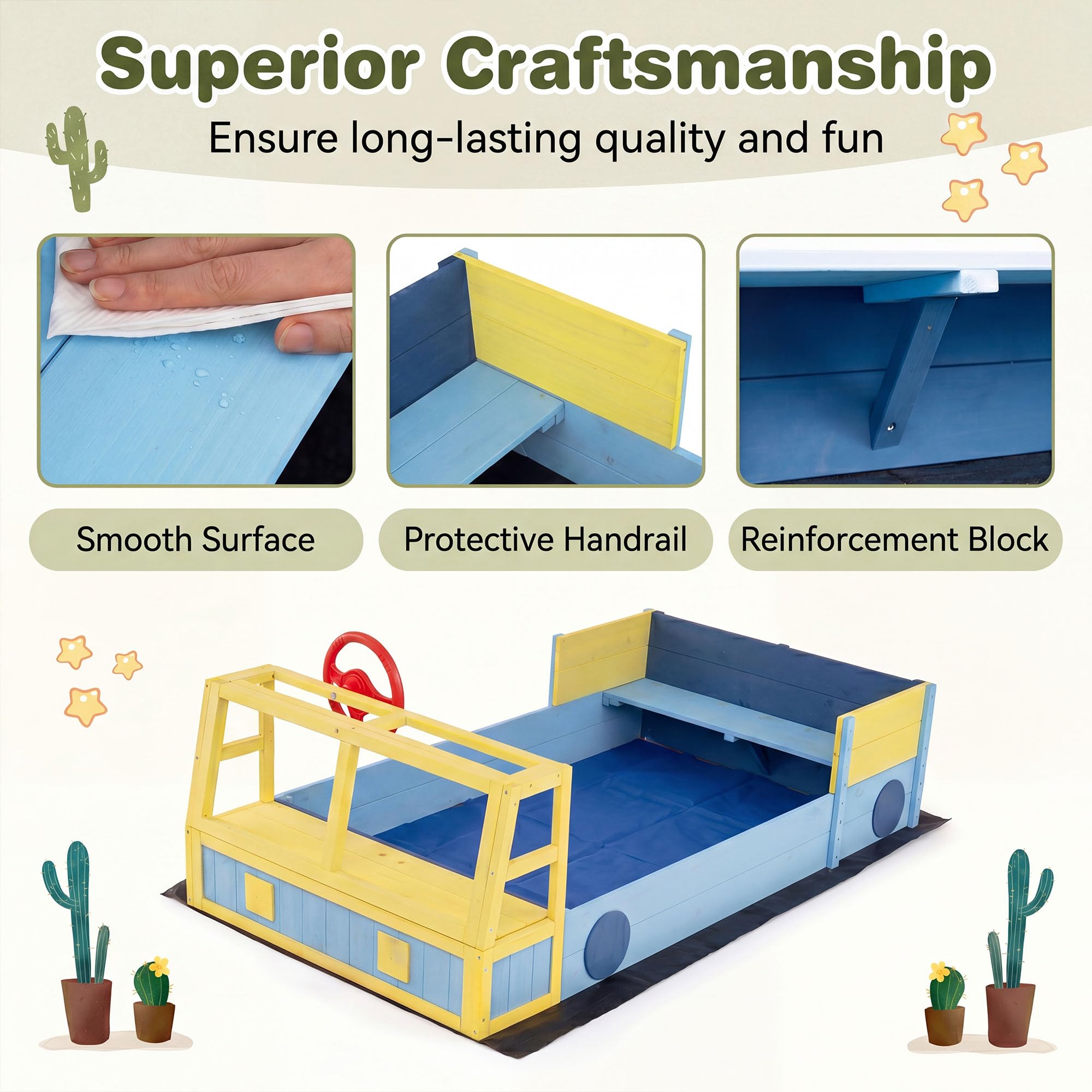 HOMASIS Sabbiera per Bambini a Forma di Camion dei Pompieri, Sabbiera da Esterno con Panca, Contenitore Portaoggetti Nascosto, Rivestimento, Sandbox per bambini 18+ Mesi, 170 x 100 x 48 cm