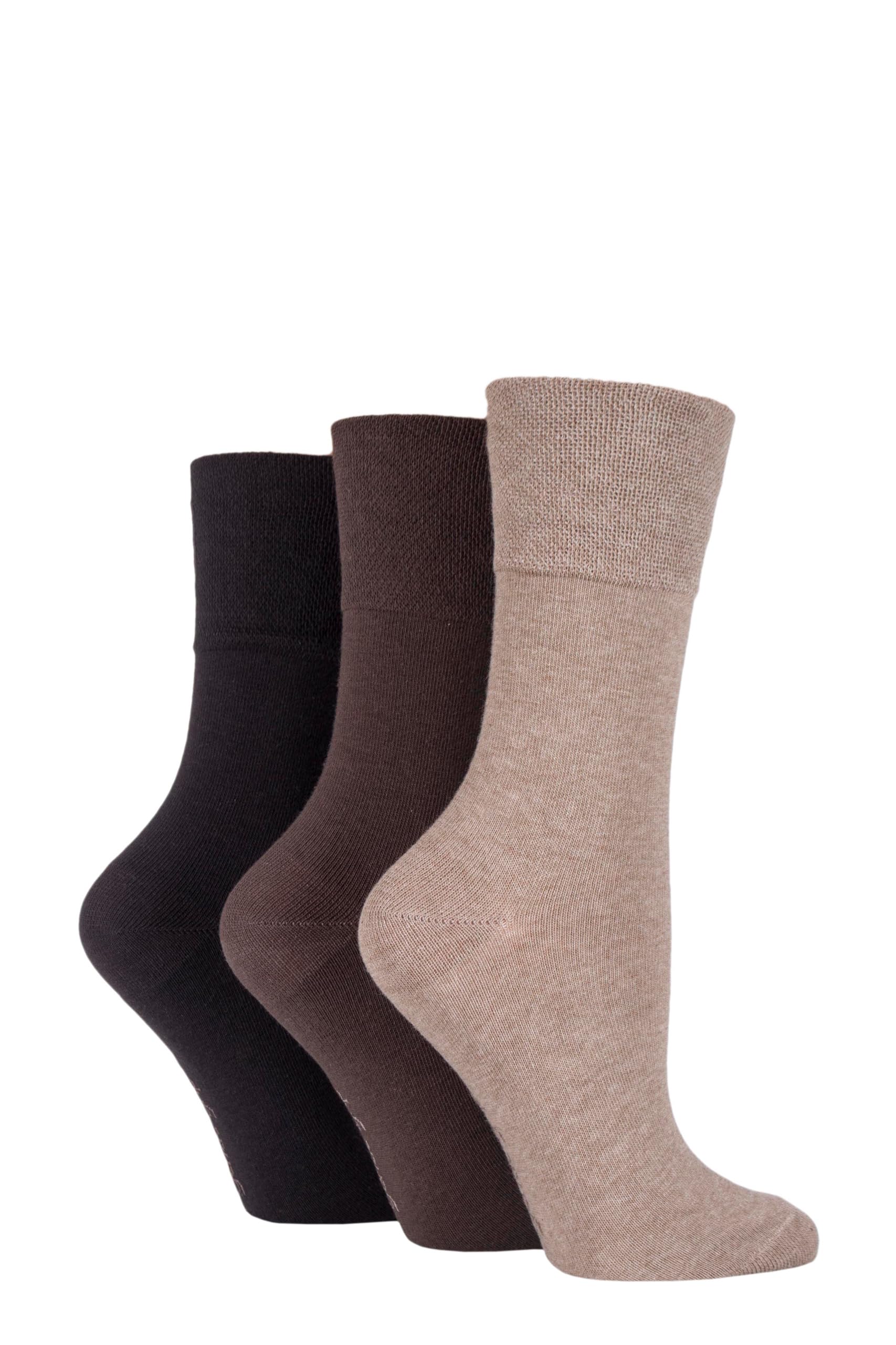 IOMI Footnurse Women’s 3 Pair Gentle Grip Bamboo Diabetic Socks – Soft Non-Binding Comfort Top, Breathable Lightweight Fit for Sensitive Feet, Circulation or Swollen Legs 4-8 Dark Brown