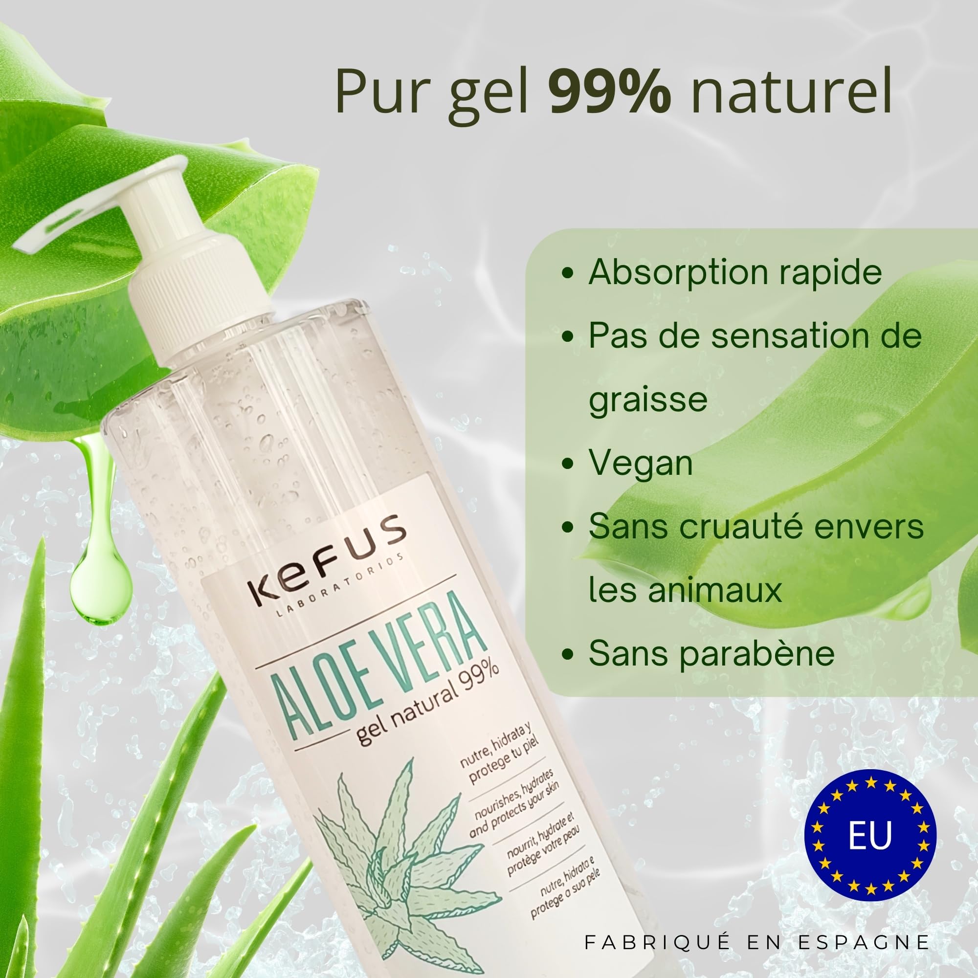 KEFUS Aloe Vera gel pur naturel 500 ml. Absorption immédiate et agréable texture non grasse. Nourrit, hydrate, rafraîchit et soigne la peau. Après-soleil. Afersun