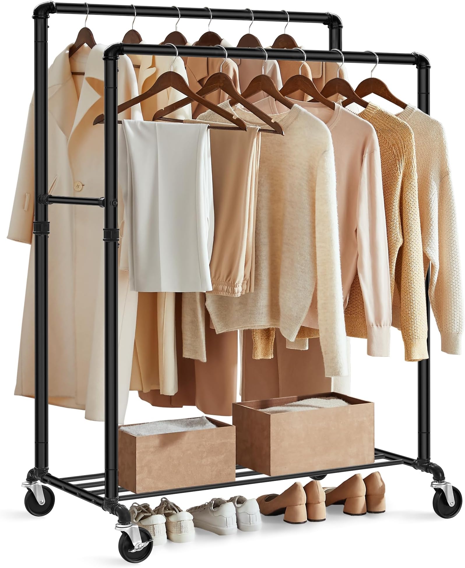 Industrial Pipe Clothes Rack Double Rail on Wheels with Commercial Grade Clothing Hanging Rack Organizer for Garment Storage Display (Black, UHSR60B) | Industrial Garment Rack for Hanging Clothes, 2 Casters with Brakes, Commercial Display, Black, DALSON Collection UHSR60B
