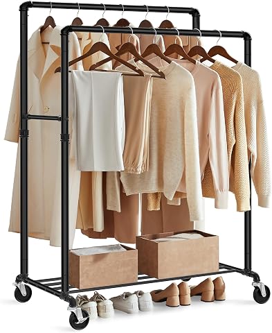 SONGMICS elbise askısı, elbise askısı, 2 elbise askısı ve raflı elbise askısı, tekerlekler, 110 kg'a kadar yük kapasitesi, endüstriyel tasarım, yatak odası, giyinme odası için, siyah HSR60B
