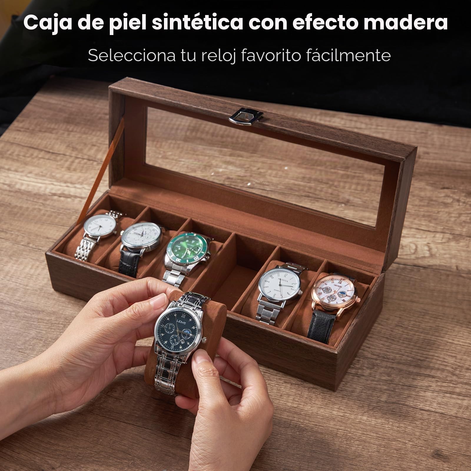Ohuhu Caja Relojes con 6 Compartimentos, Caja para Relojes con Tapa de Cristal y Cojín Extraíble,Regalo para Cumpleaños Día del Padre Navidad