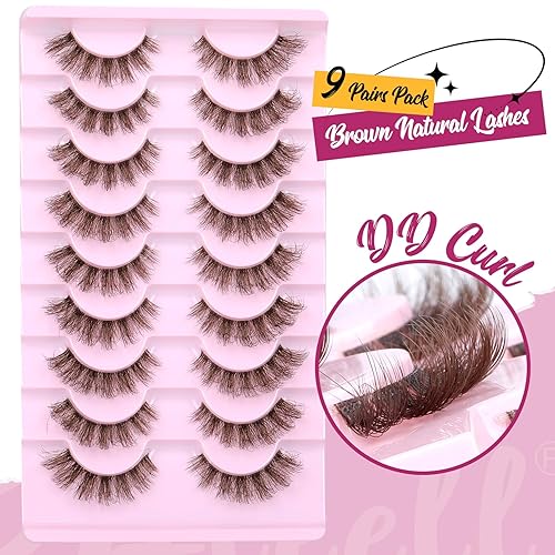 Miniatura 5 de Pestañas postizas marrones, pestañas postizas de visón de aspecto natural, esponjosas, pestañas transparentes con banda de rizo DD, paquete de 9
