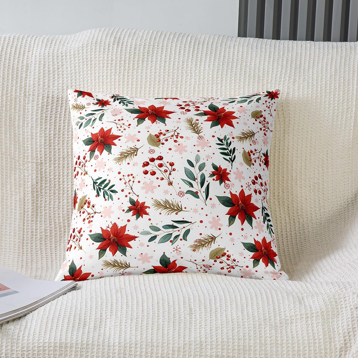 Homemissing Juego de 4 fundas de almohada navideñas de 45 x 45 cm, decoración botánica floral, fundas de almohada para sofá, cama, silla, coche, Navidad, copo de nieve, fundas de cojín suaves para