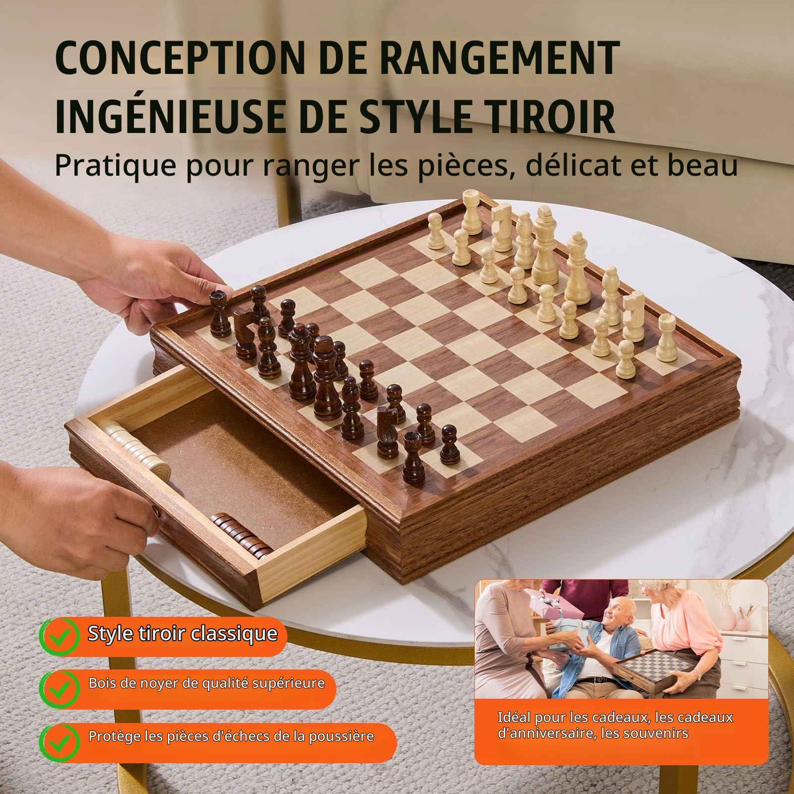 VEVOR Jeu d'échecs en Bois, 380 mm, Jeu d'échecs et de Dames 2 en 1, échiquier avec tiroir de Rangement, pièces de Dames d'échecs lestées et 2 Reines, pour Adultes, Enfants, Professionnels, débutants