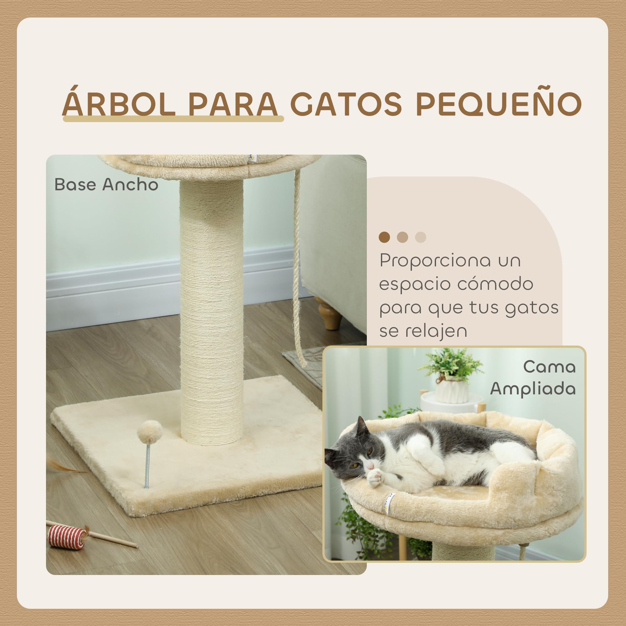 PawHut Árbol Rascador para Gatos Mini de 2 Niveles 55x55x83 cm Beige | Mini Árbol para Gatos, Plataforma, Bola con Muelle, Cuerda Colgante, Poste de Sisal