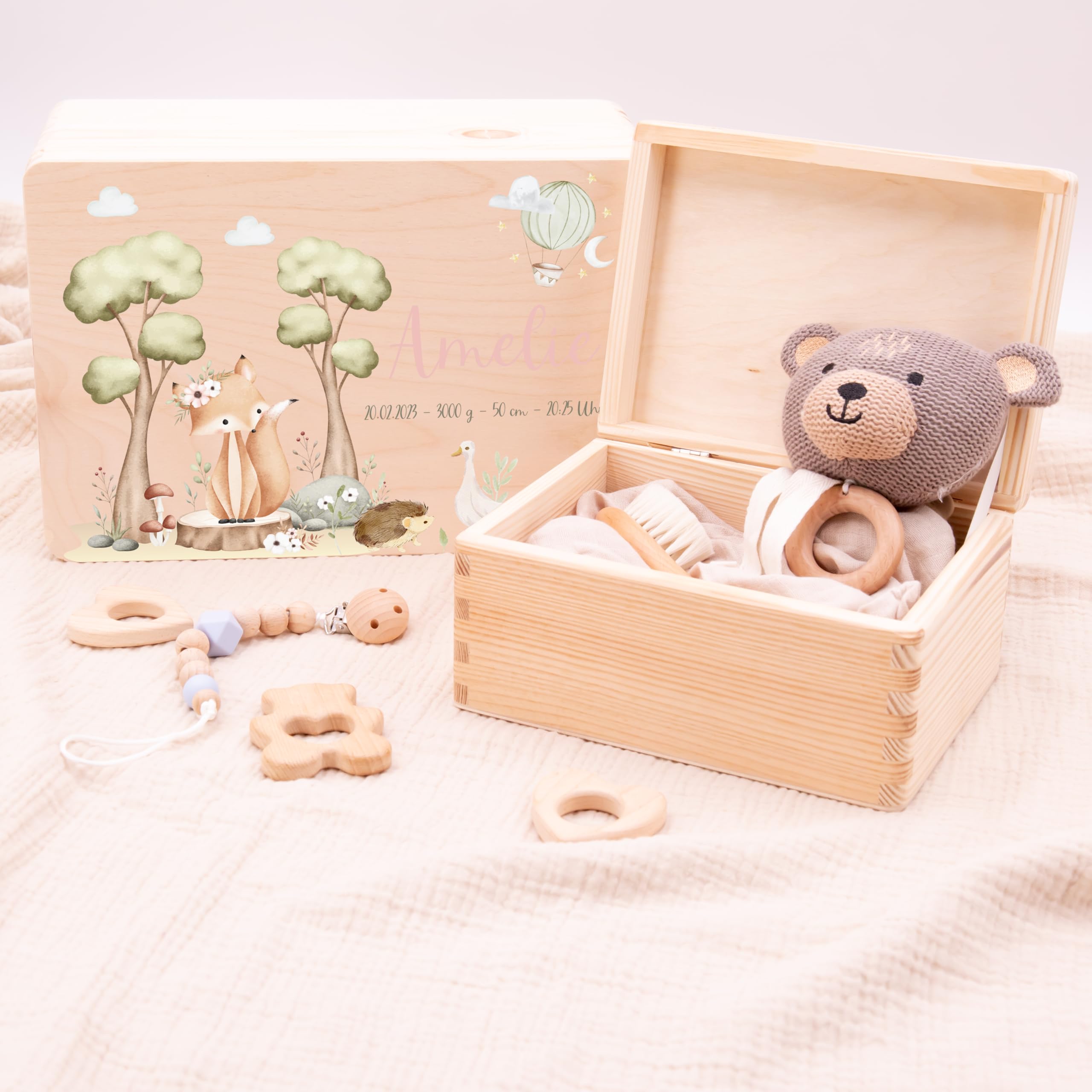 Erinnerungsbox Baby - Personalisierte Geschenke mit Namen | Holzkiste mit Deckel bedruckt mit Schadstofffreie Latextinte - Geschenke zur Geburt & Taufgeschenke für Mädchen & Jungen