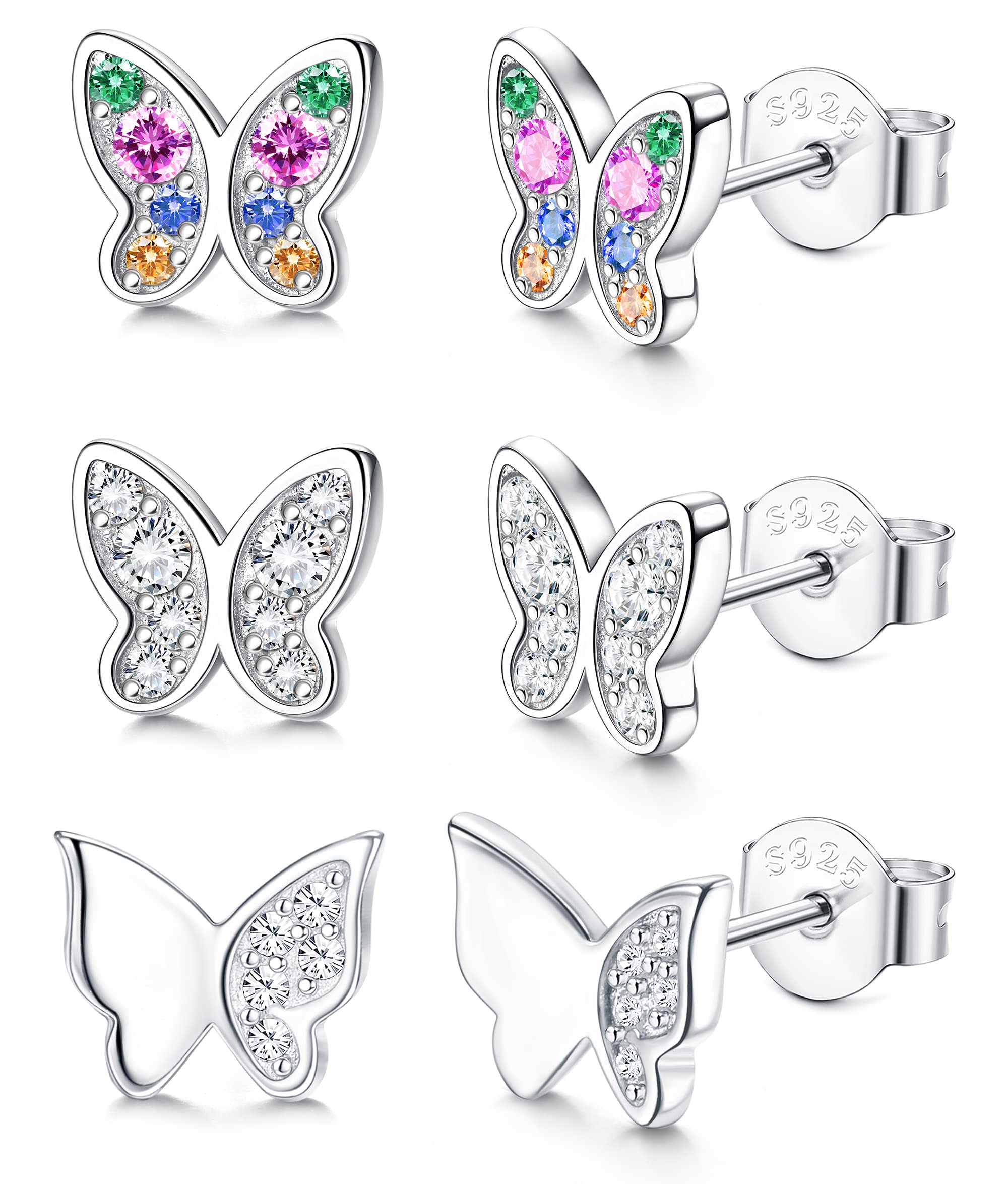 ORAZIO 3 Pares de Pendientes de Ttuerca de Plata de Ley Para Mujeres y Niñas Juego de Pendientes de Mariposa Multicolor Hipoalergénicos Bonitos Pendientes de Tuerca Conjunto de Joyería