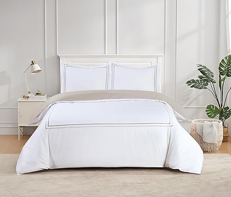 Majestic Giftware Madison Linen 8-Piece Full Size Duvet Bedding Set (BL51-F-3) | Flora Hotel Collection-White-Taupe Embroidery 400 TC Cotton Sateen | 2 Fitted Sheets, 2 Duvets, 4 Pillowcases
