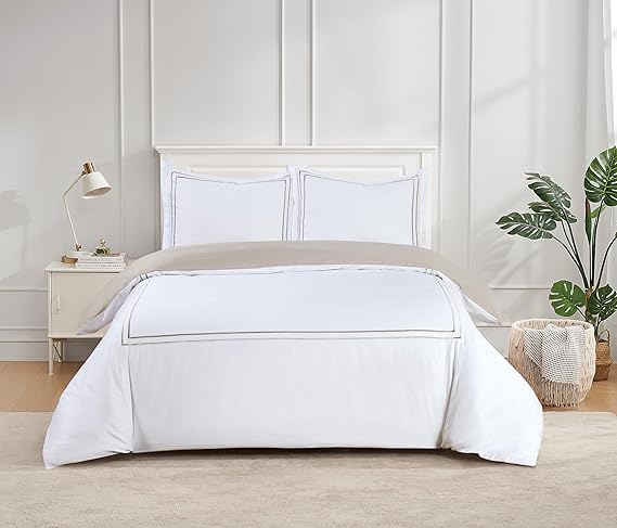 Majestic Giftware Madison Linen 8-Piece Full Size Duvet Bedding Set (BL51-F-3) | Flora Hotel Collection-White-Taupe Embroidery 400 TC Cotton Sateen | 2 Fitted Sheets, 2 Duvets, 4 Pillowcases