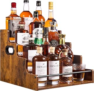 YQBRAO 4-Tier Rustic Liquor Bottle Display Shelf - 16-Bottle Bar Organizer, Coffee Syrup Rack, Whiskey Spirits Stand